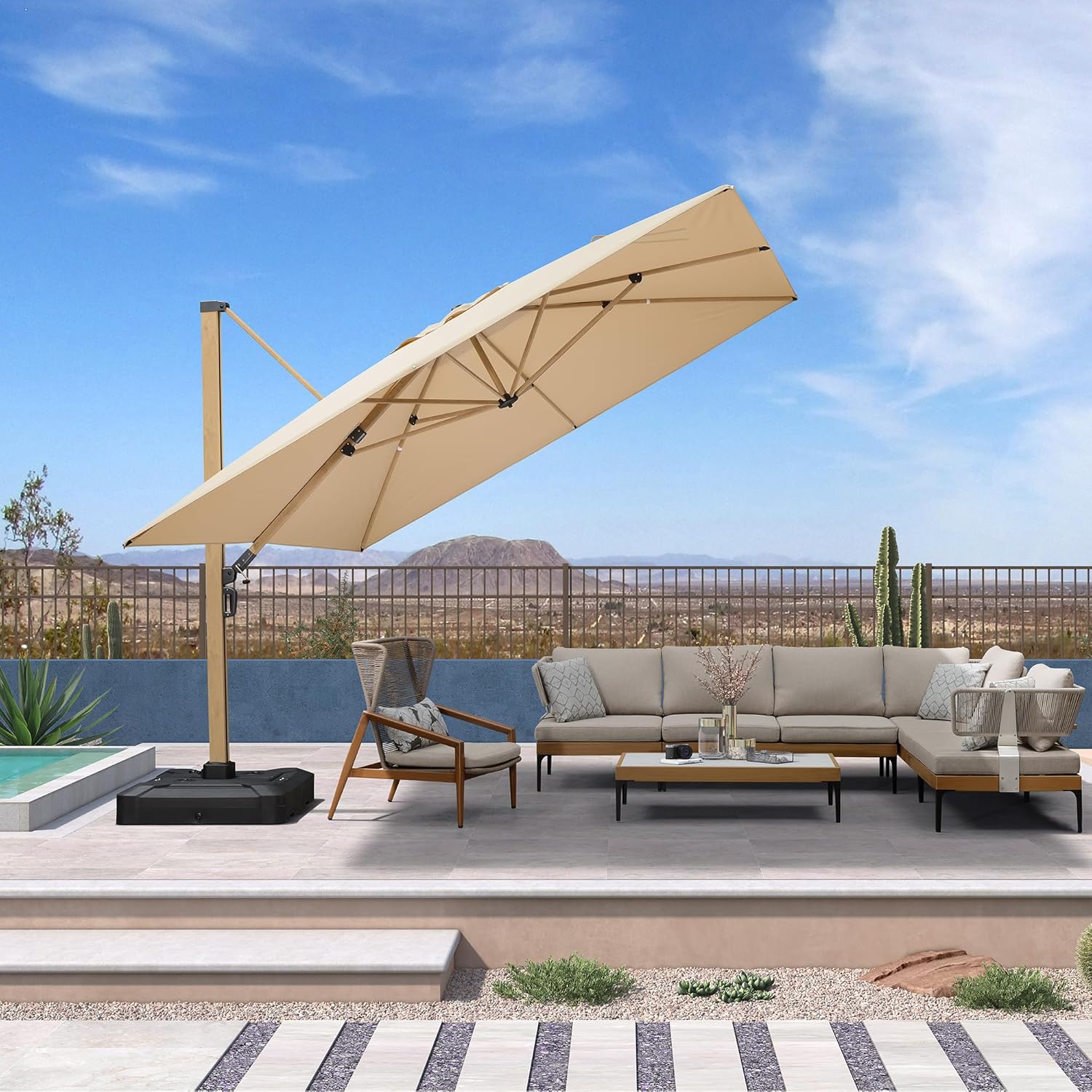 PURPLE LEAF 11FT Patio Umbrella With Base Square Cantilever Umbrella Teak Finished Aluminum Frame Large Windproof Offset Outdoor Sun Umbrellas for Beach Pool Deck, Beige