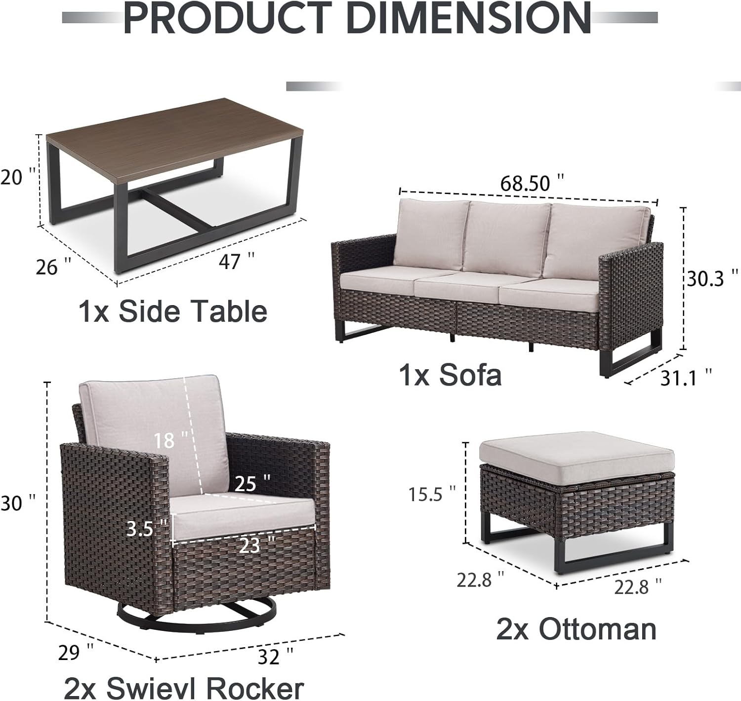 6 Piece Wicker Patio Furniture Set - Outdoor Swivel Rocker Chairs Set with Coffee Table, 3 Seat Sofa & Ottomans, Small Patio Conversation Sets Proch Furniture for Balcony Deck - Brown/Beige