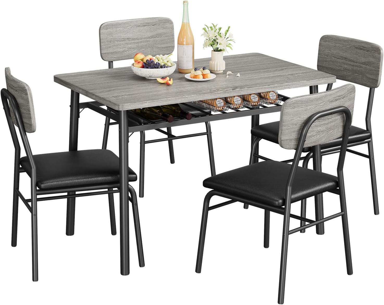IDEALHOUSE Dining Table Set for 4 with Storage Rack, 5-Piece Kitchen Table and Upholstered Chairs of 4, Wood Tabletop & Heavy-Duty Metel Frame, Dining Room Set for Small Space, Apartment, Gray