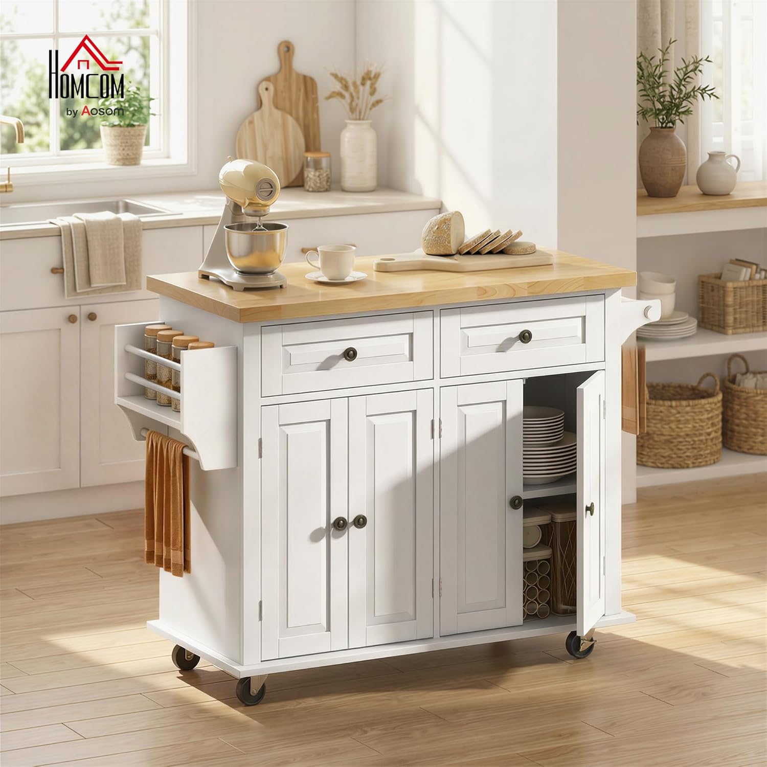 HOMCOM Kitchen Island Cart with Solid Wood Top, 44