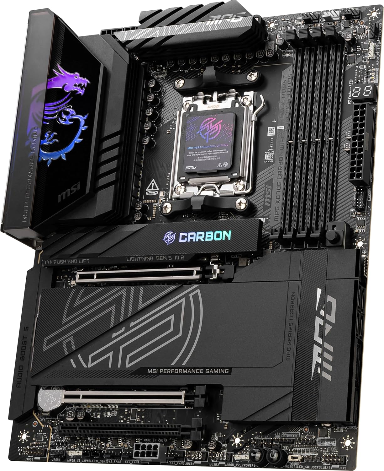 MSI MPG X870E Carbon WiFi Gaming Motherboard (AMD Ryzen 9000/8000/7000 Series Processors, AM5, DDR5, PCIe 5.0, M.2 Gen5, SATA 6Gb/s, USB 40Gbps, HDMI, Wi-Fi 7, Bluetooth 5.4, 5Gbps LAN, ATX)