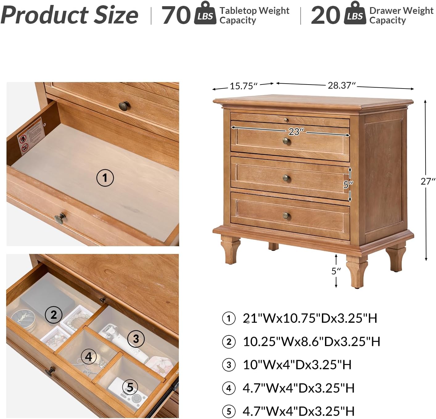 HULALA HOME Farmhouse 3 Drawer End Table with Tray, Drawer Organizer with Solid Wood Legs, End Table with Charging Station（Acorn）