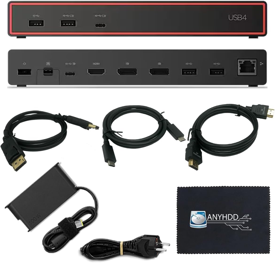 Lenovo 40BF0100US USB4 Docking Station for Laptops with 100W Adapter, HDMI, DisplayPort, USB C Cables & Cloth - Docking Station