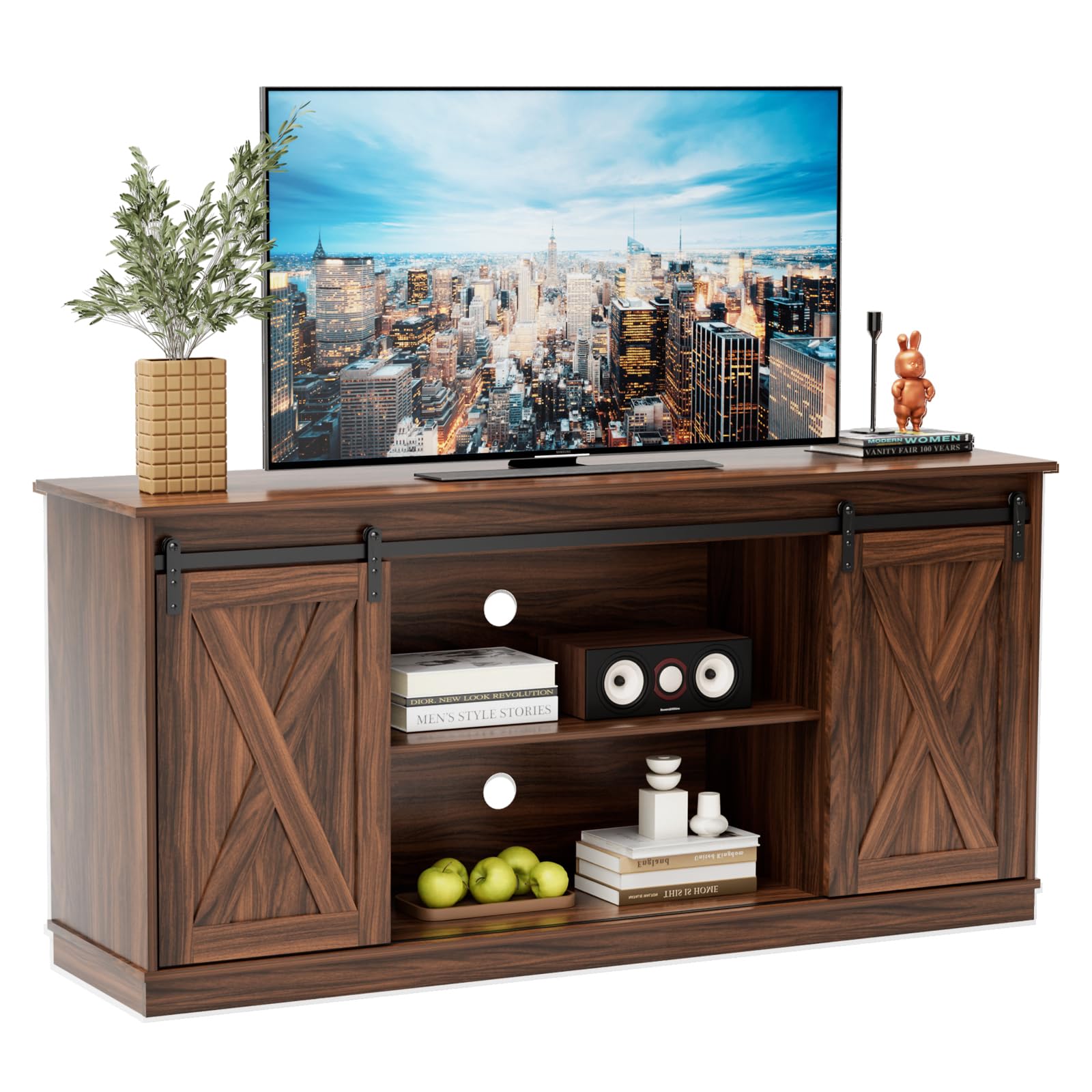 SWEETCRISPY Farmhouse 65-Inch TV Stand with Storage and Barn Door