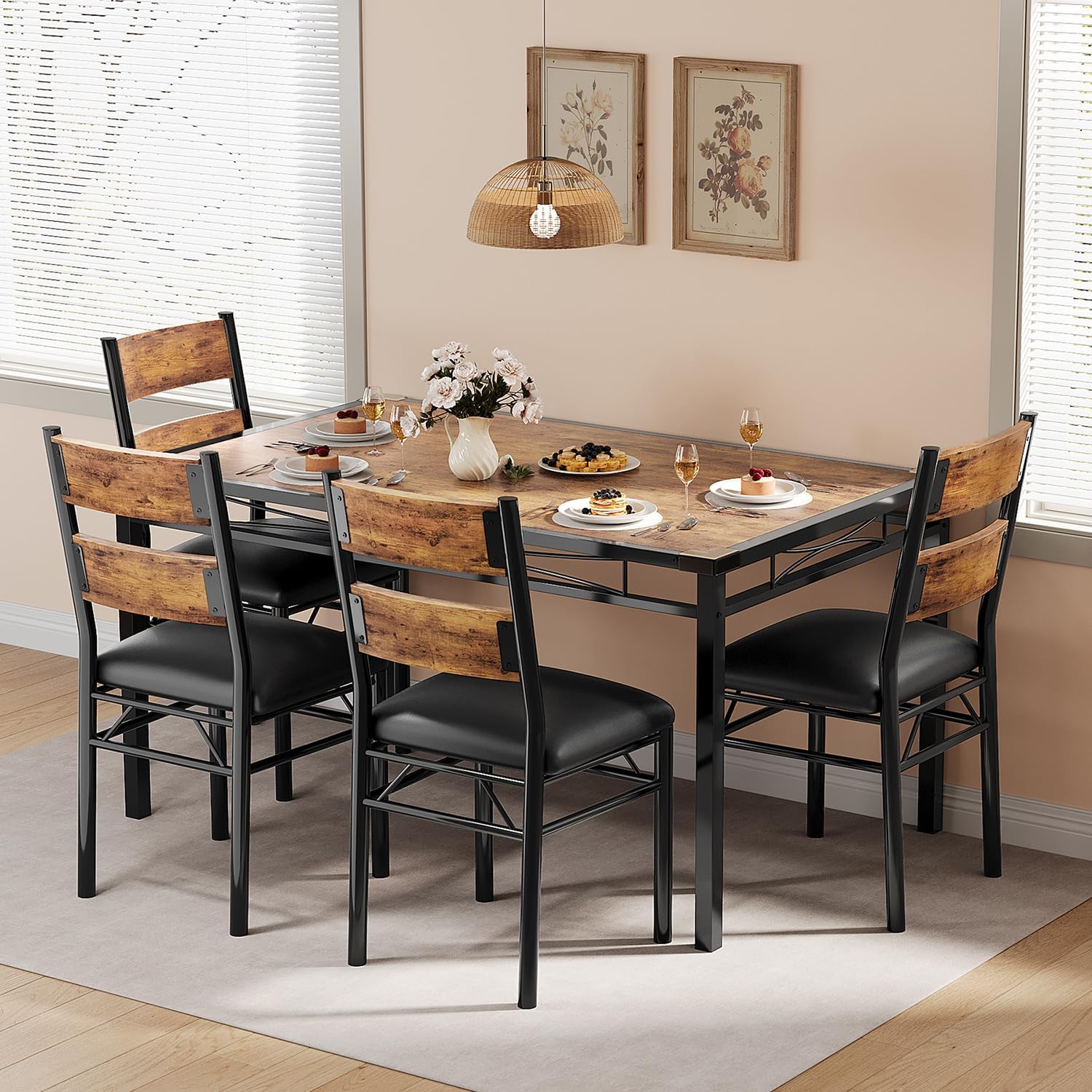 GarveeHome Dining Table Set for 4, Dining Room Table Set for 4 with Upholstered Chairs, Wood Kitchen Table Chairs Set of 4 with Corner Protector for Small Space, Kitchen, Apartment, Rustic Brown