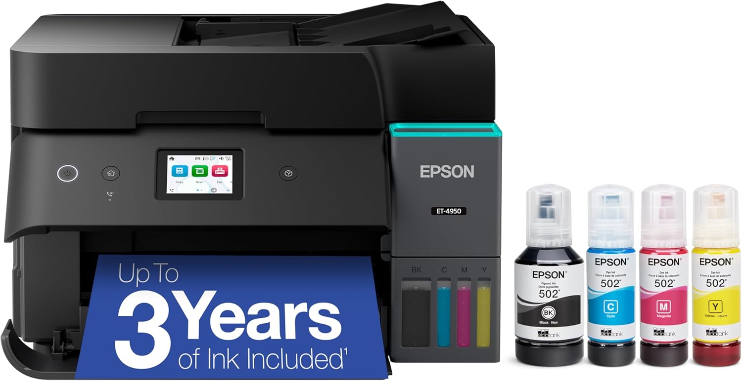 Epson EcoTank ET-4950 Wireless All-in-One Color Supertank Printer with up to 3 Years of Ink Refillable Tanks, Perfect for Home, 18 PPM, 2.4
