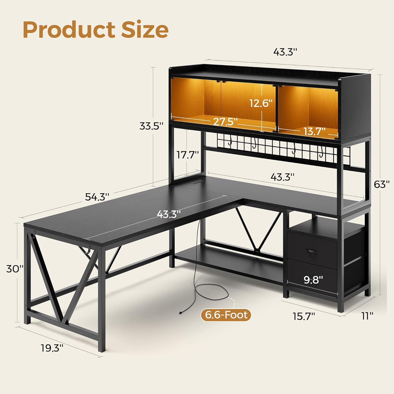 L Shaped Gaming Desk with Fabric Drawers and Power Outlet, Corner Computer Desk with LED-Lit Tempered Glass Display Cabinet, L Shaped Office Desk with Storage,PC Desk for Gaming and Home Office, Black