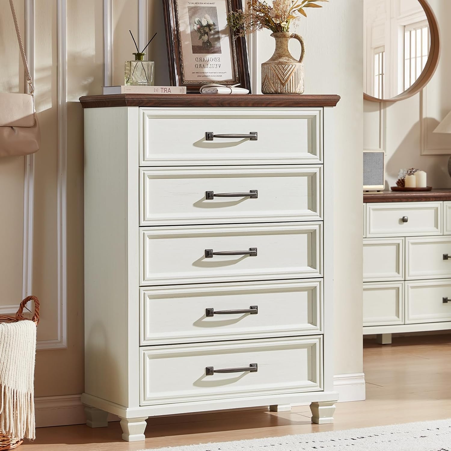 SAVOR LIFE Farmhouse Dresser and Nightstand Sets 2 Piece, 5 Drawer Dresser & 2 Drawer Nightstand Set, Rustic Wood Bedroom Furniture Set for Home, Bedroom, Hallway, White