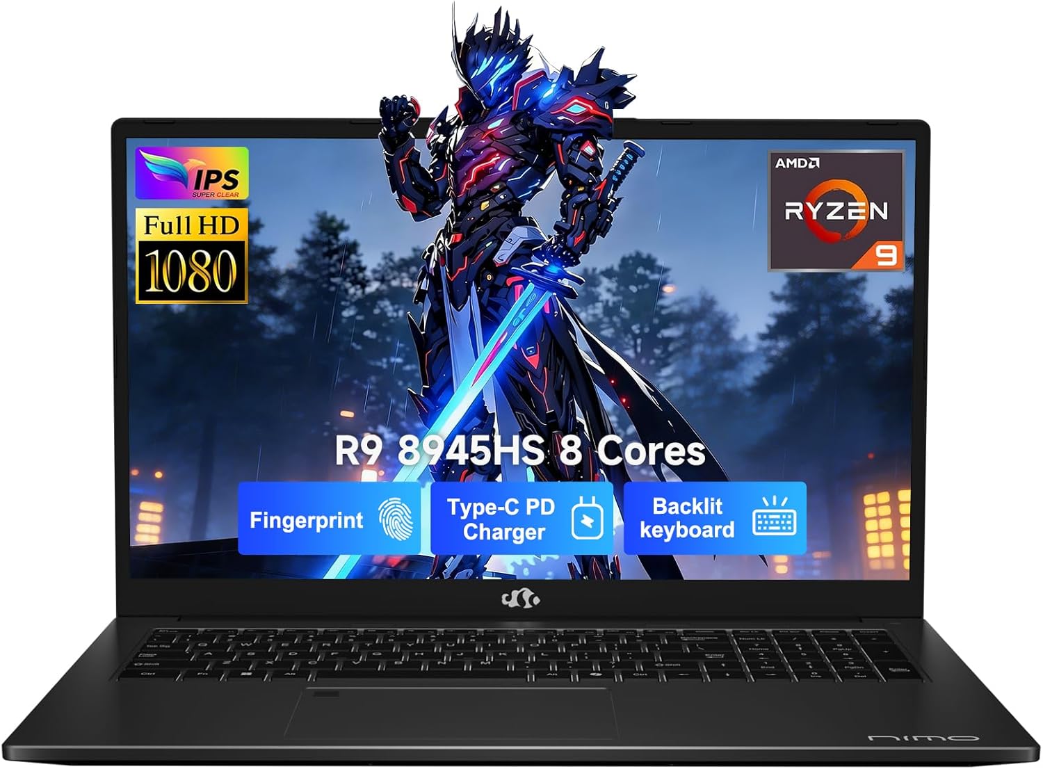 NIMO 17.3 Gaming-Laptop Ryzen 9 8945HS (Beat i9-13900H, Up to 5.2GHz) 16GB RAM, 1TB SSD, Radeon 780M, PD 100W Type-C AI-Enhanced for Copilot VR Ready, Backlit Keyboard, Fingerprint
