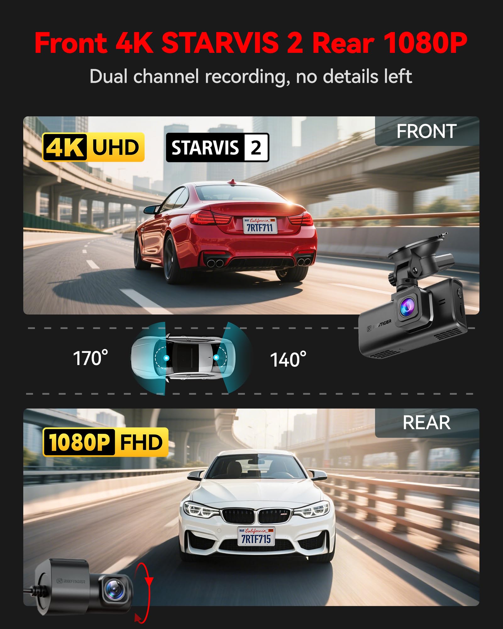 REDTIGER 4K STARVIS 2 Dash Cam Front & Rear with GPS