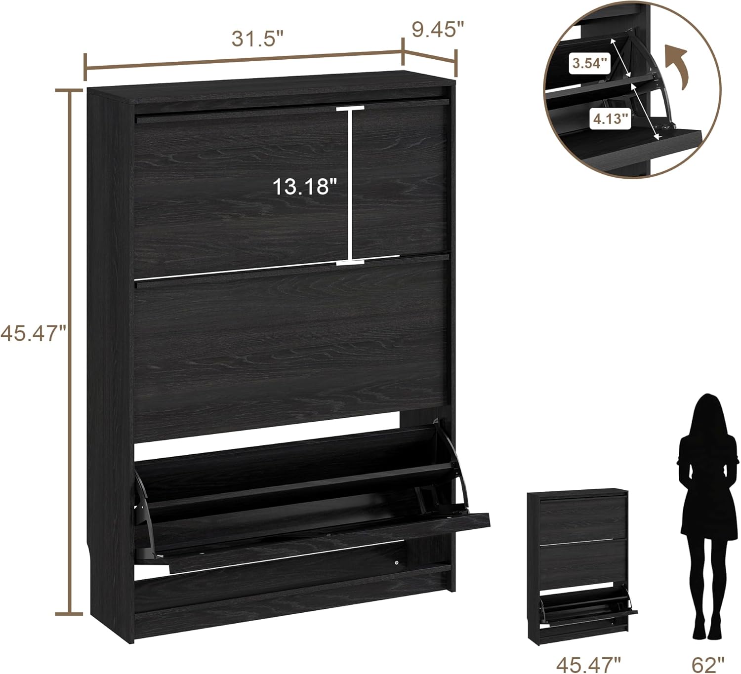 Shoe Cabinet with 3 Flip Drawers, 31.5