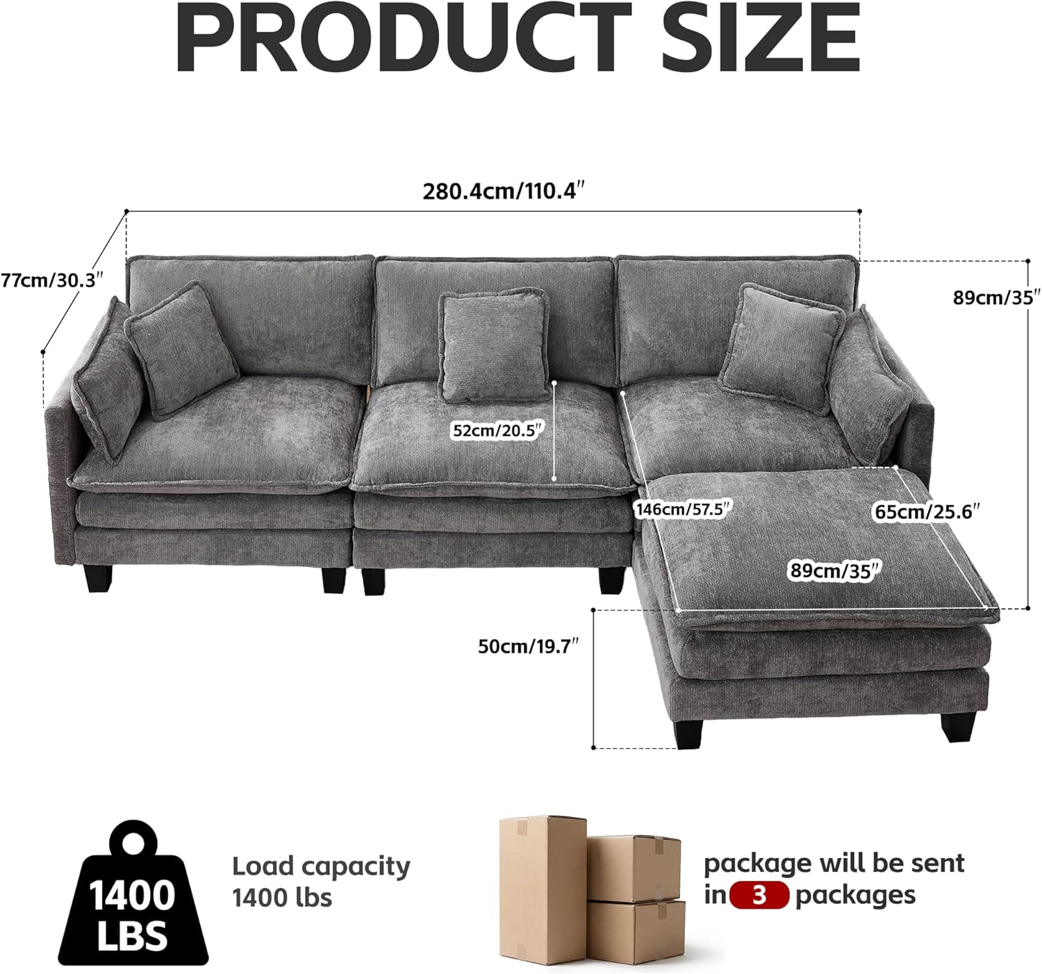 Opiesit Modular Sectional Sofa with Movable Ottoman, 110