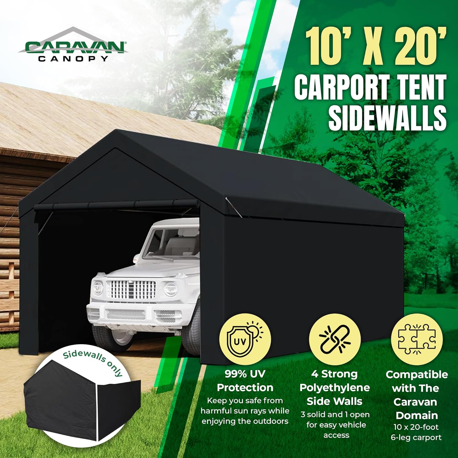Caravan Canopy Car Tent Sidewalls for Carport, Garage & Shed, Domain, 10 x 20 Ft, Black (Roof and Canopy Not Included) - Portable Vehicle and Motorcycle Shelter - Large Outdoor Storage