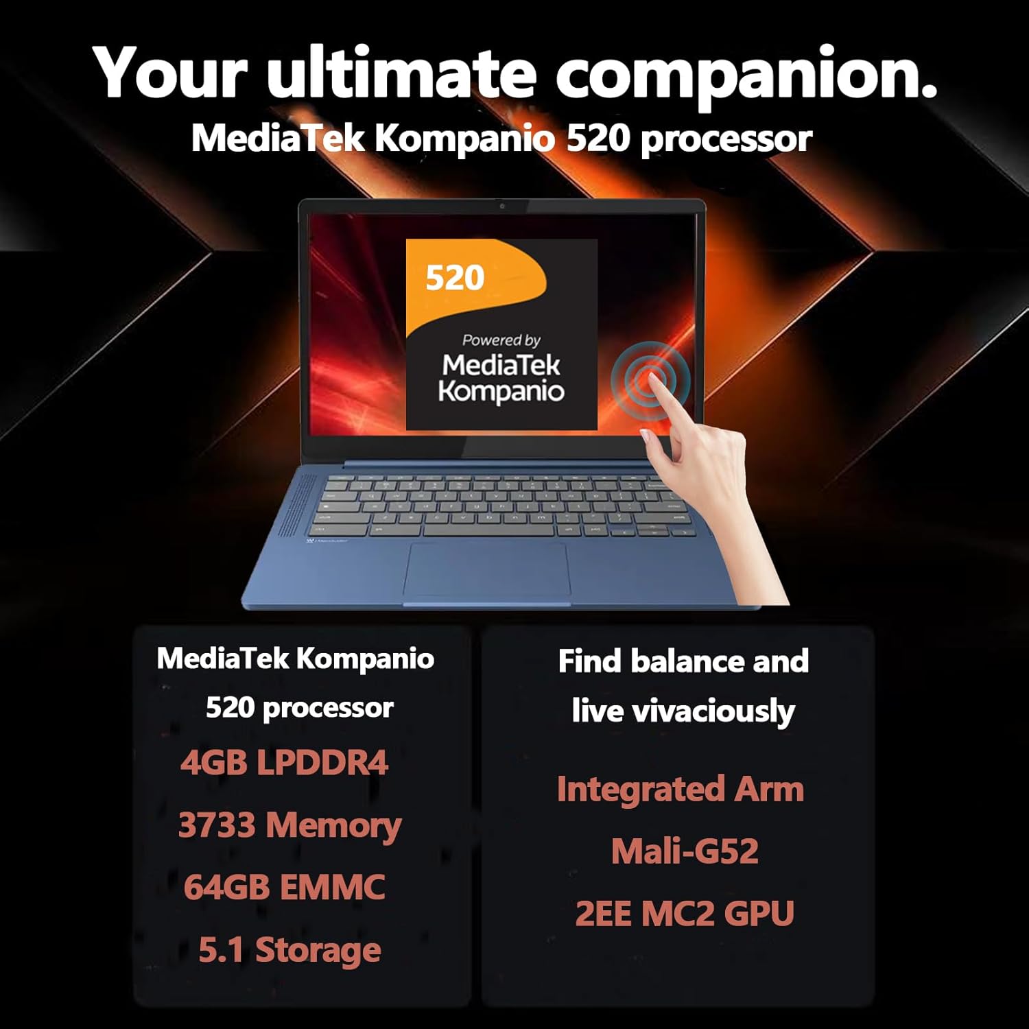 Lenovo IdeaPad Slim 3 Touchscreen Chromebook - 14″ FHD IPS Anti-Glare Screen, MediaTek Kompanio 520, 4GB RAM, 64GB eMMC, 256GB Micro SD Card, for Business & Student, Webcam, WiFi 6, Chrome OS, Blue