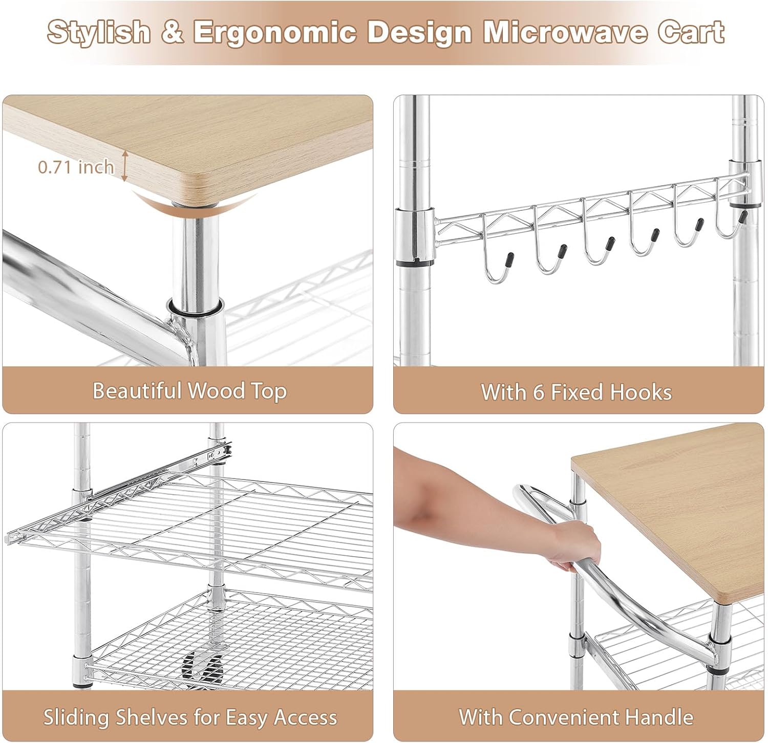3 Tier Rolling Kitchen Cart with Wood Tabletop, Kitchen Island Carts with Wheels & Slider Shelf, Microwave Cart on Wheels, Coffee Cart with Hooks, 35.4