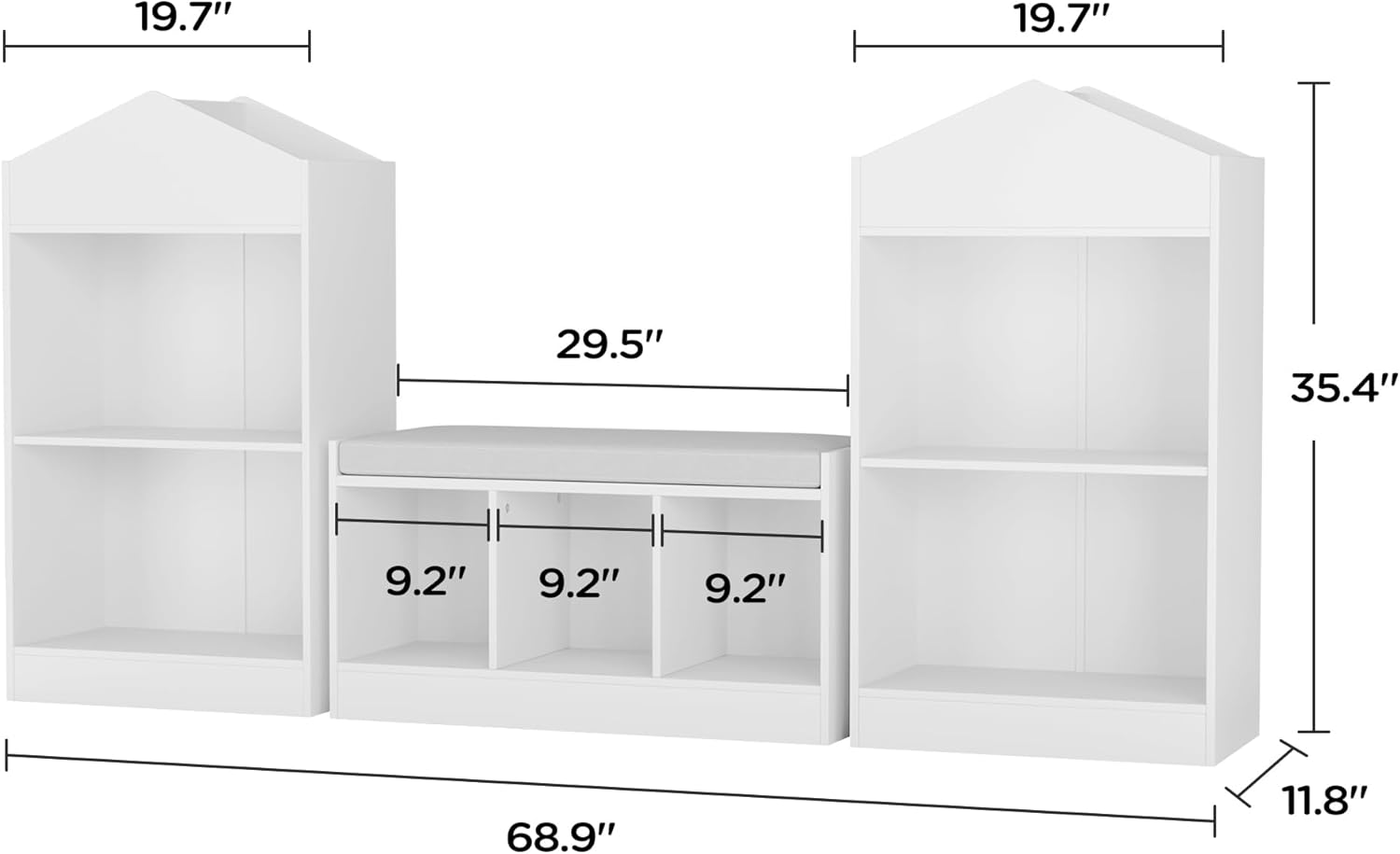 MHOM 68.9“ Kids Bookshelf with Reading Nook, Toy Storage Organizer with Seat Cushion and 7 Storage Cubbies, Wooden Kids Bookcase, Toy Organizers and Storage for Nursery, Playroom, White