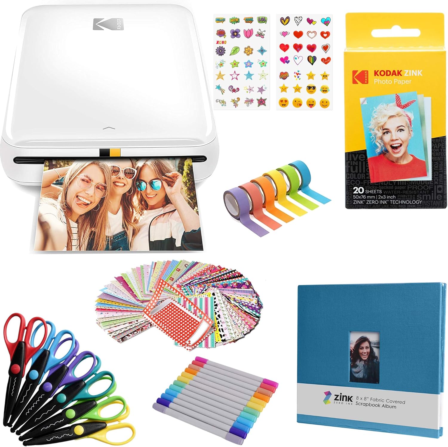 Kodak Step Wireless Photo Printer 2x3 inches Zink Paper Technology & Kodak App for iOS & Android (White) Scrapbook Bundle