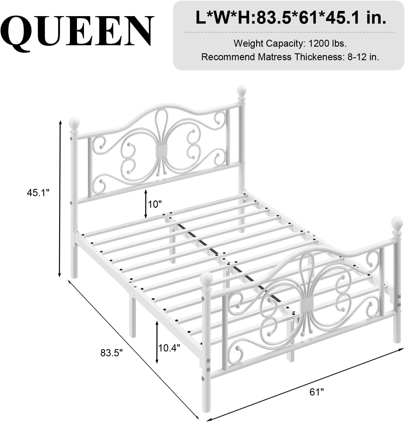 LoVinson Queen Bed Frame, Metal Platform Bed with Butterfly Pattern Design Headboard & Footboard, Heavy Duty Metal Slats, Easy Assembly, No Box Spring Needed, White