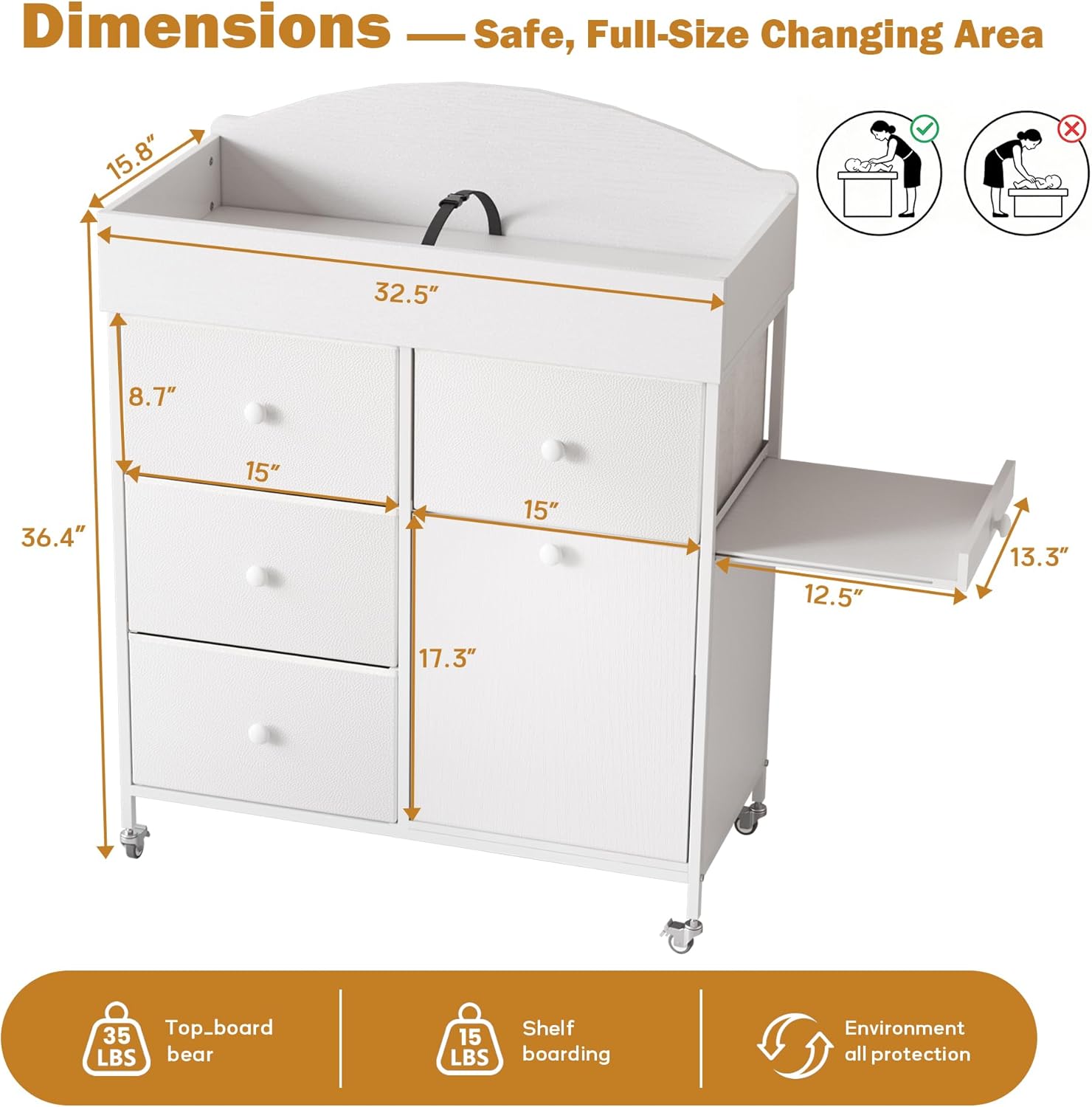 DTK Baby Dresser with Changing Table Top,4-Drawers Changing Table Dresser with Tile-Out Trash Cabinet and Pull-Out Shelf,Diaper Changing Station with Waterproof Pad and Storage for Nursery,White