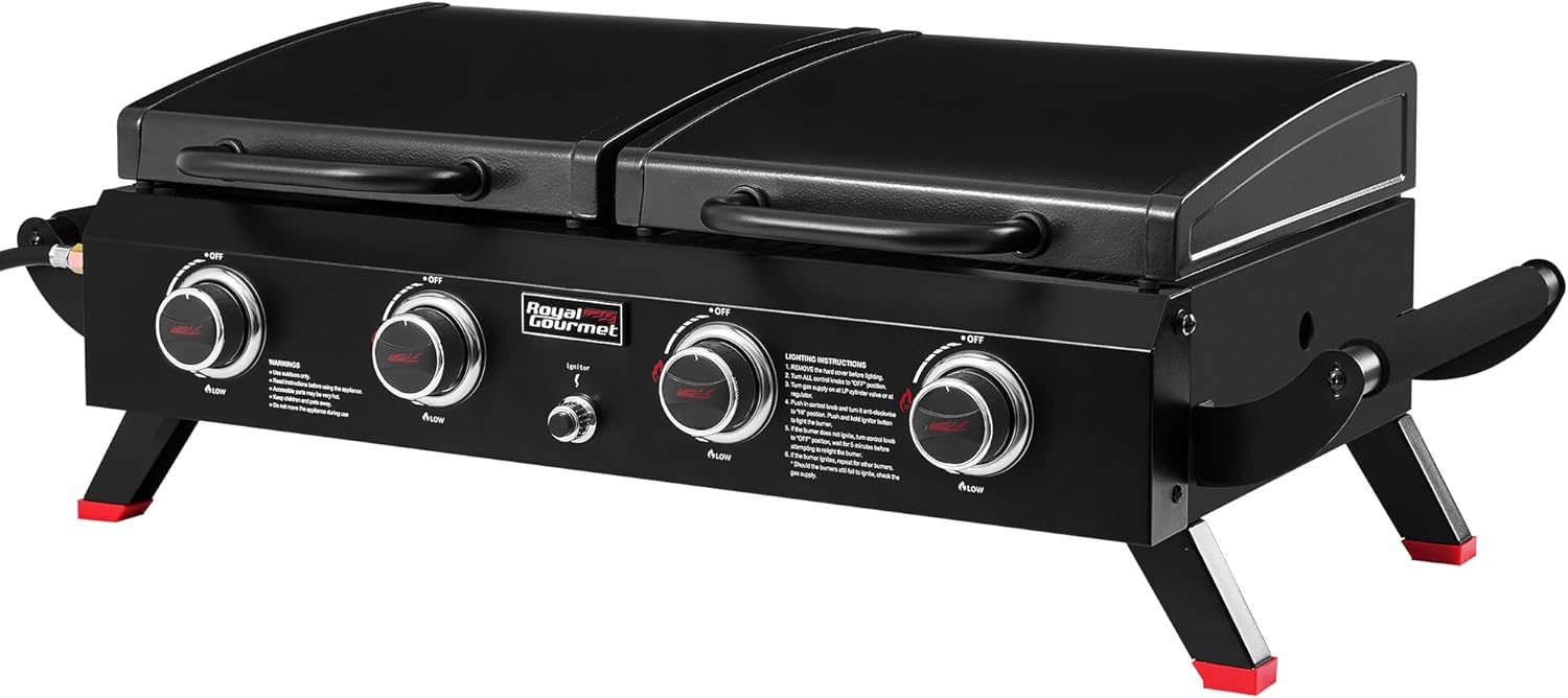 Royal Gourmet GD4002TP 4 Burner Propane Gas Grill and Griddle Combo with Hood, 2-in-1 Portable Grill Griddle Combo with 40,000 BTUs Output for Camping, Tailgating, Backyard, Black