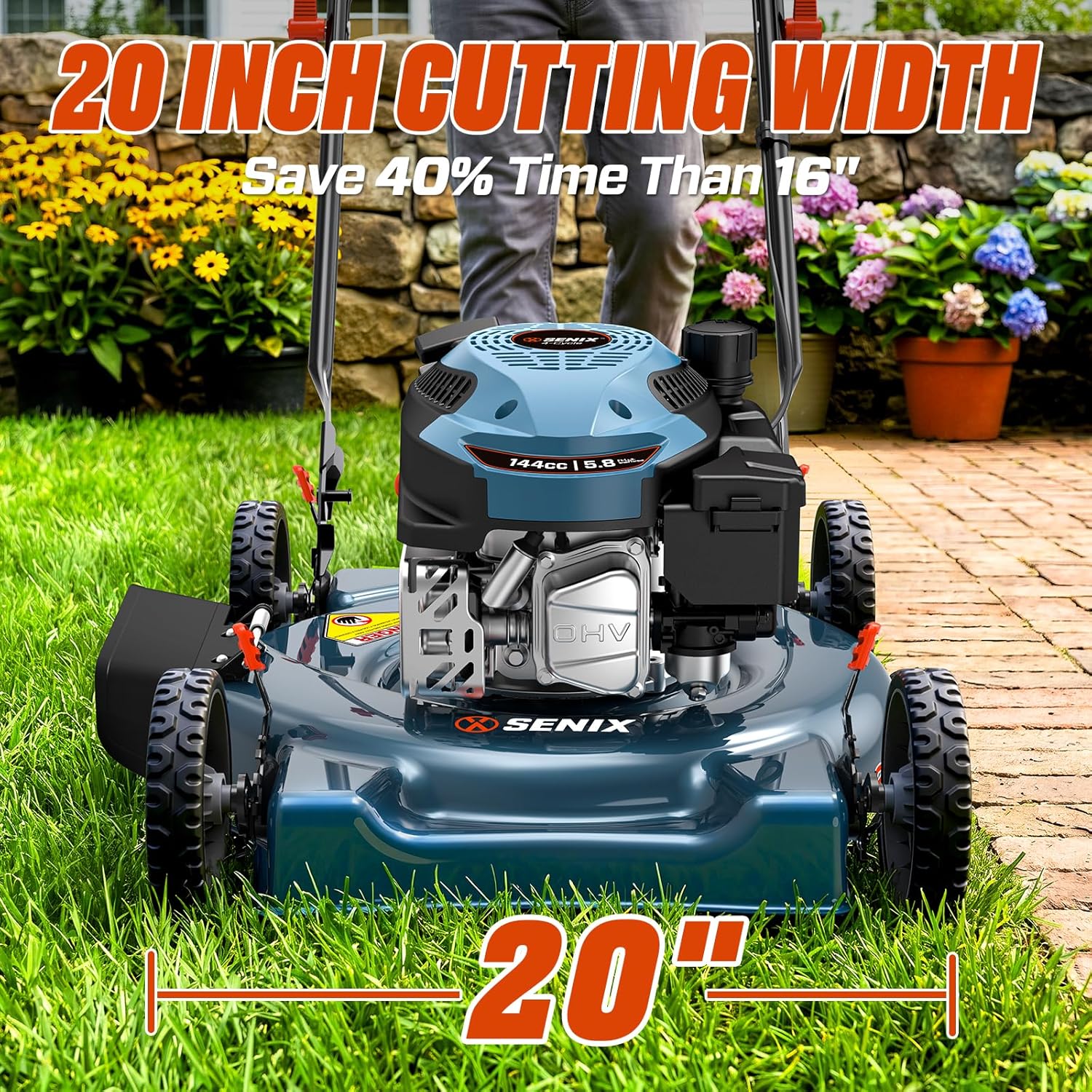 SENIX 144 cc Gas Lawn Mower, 20 inch 4-Cycle Push Mower, Side Discharge, 5 Position Cutting Height Adjustment, Low Noise & Fuel-Efficient for Lawn, Yard and Garden (LSPG-L5)