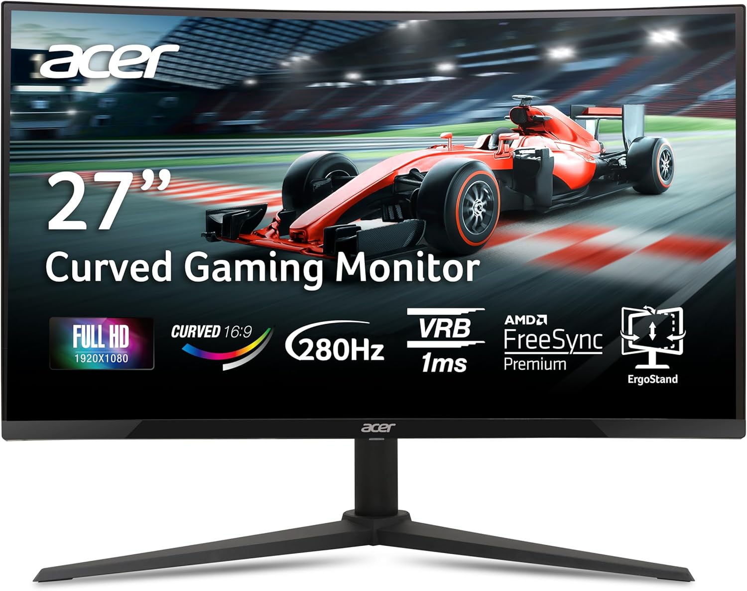 acer Nitro 27 Inch 1500R Curved Zero-Frame Full HD (1920 x 1080) Gaming Monitor | AMD FreeSync Premium | Up to 280Hz Refresh | 1ms VRB | One Display Port 1.4 and Two HDMI 2.0 Ports | XZ270
