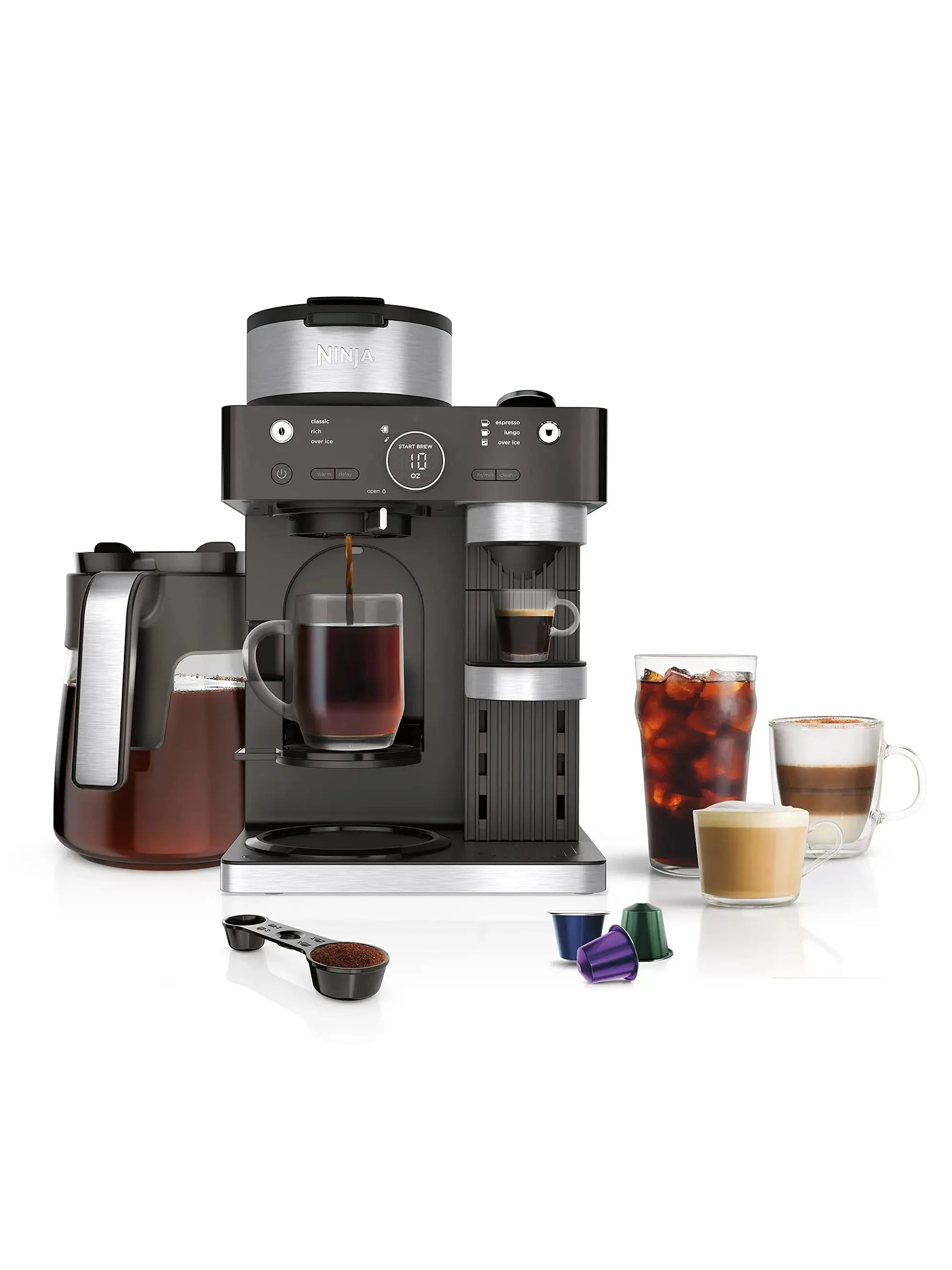 Ninja CFN601 Espresso & Coffee Barista System, 3 Espresso Brew Styles, Single-Serve Coffee & Nespresso Capsule Compatible, 12-Cup Carafe, Built-in Frother, Espresso, Cappuccino & Latte Maker - Black