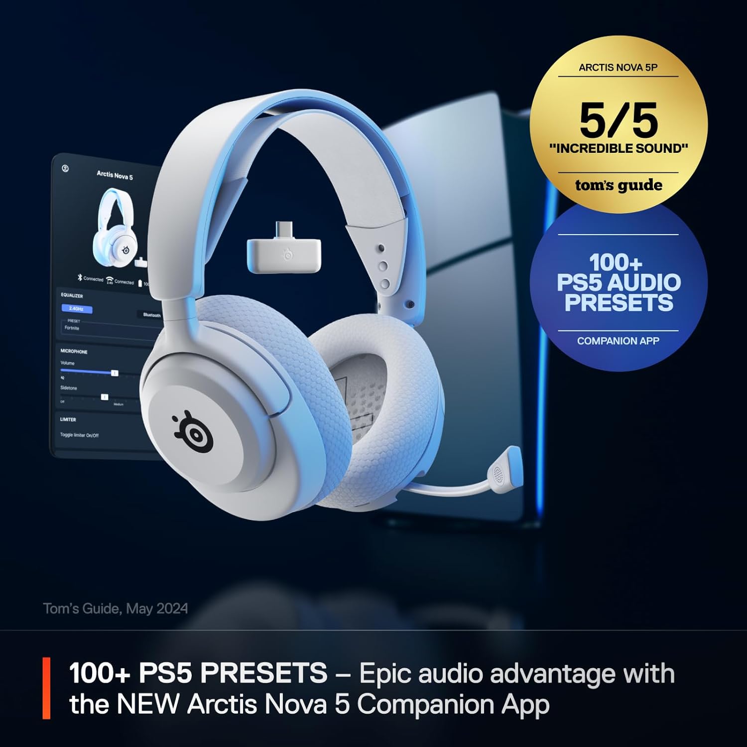 SteelSeries Arctis Nova 5P Wireless Multi-System Gaming Headset — White — Neodymium Magnetic Drivers — 100+ Audio Presets — 60 HR Battery — 2.4GHz or BT — Gen2.X Mic — PS5, PS4, PC, Switch, Mobile