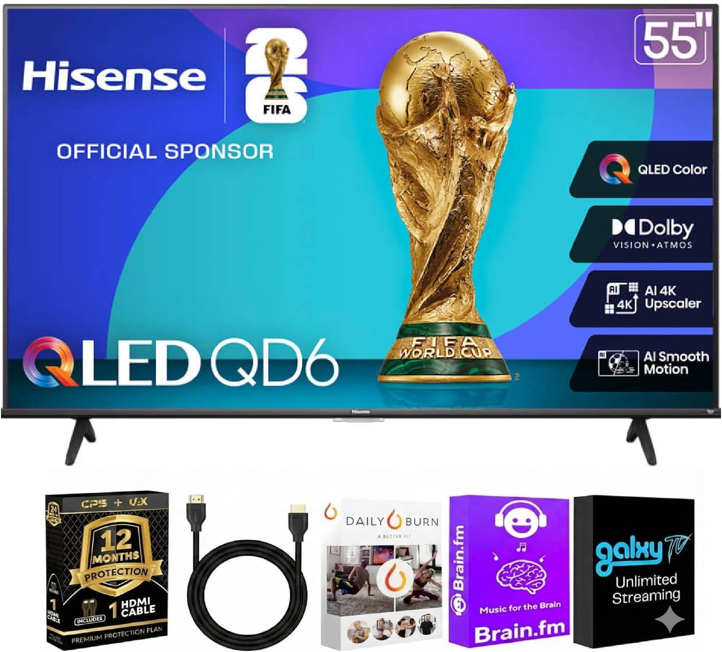 Hisense 65 Inch Class QD6 Series 4K QLED Smart Fire TV – Dolby Vision – HDR10 – 60Hz – Wi-Fi – Voice Remote – HDMI Cable + 12 Month CPS Warranty + Streaming Bundle (65.0, Inches)