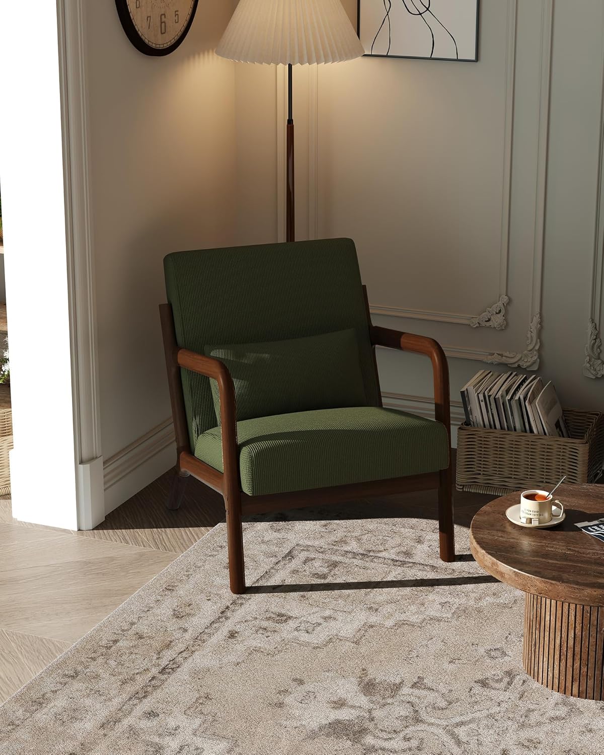Garvee Mid-Century Modern Accent Chair, Fine Wale Corduroy Upholstery, Solid Wood Armchair with Removable Lumbar Pillow, Sturdy Reading Chair for Living Room, Bedroom, Guest Room, Easy Assembly, Green