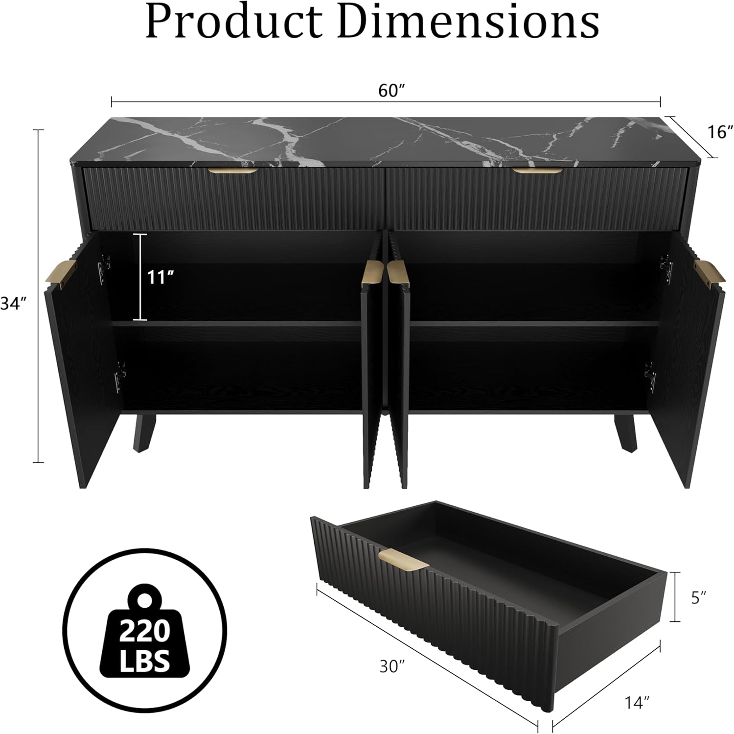 GarveeLife 60'' Sideboard Buffet Storage Cabinet with 2 Drawers 4 Doors & Adjustable Shelves