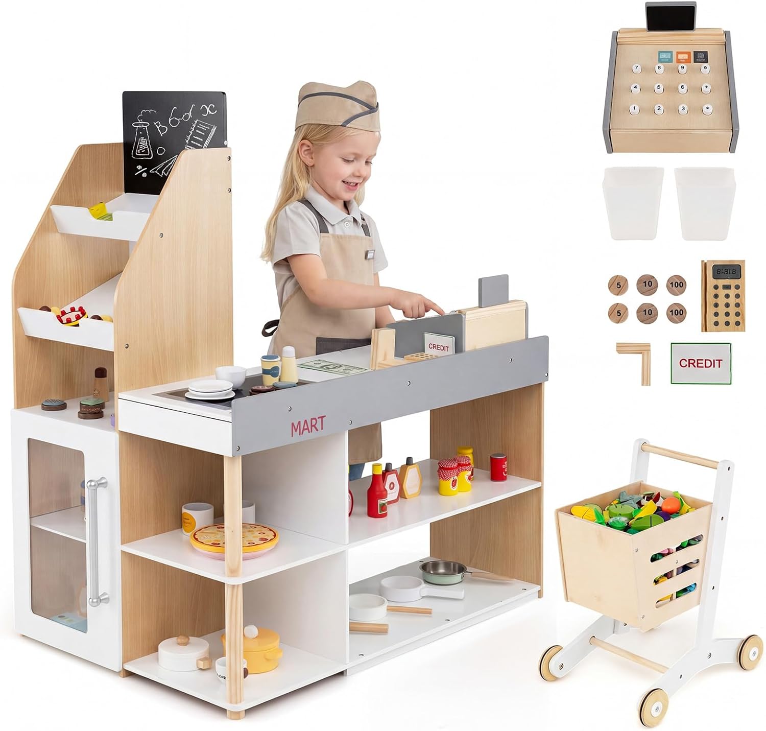 HONEY JOY Kids Grocery Store Playset, Wooden Grocery Store Pretend Play w/Cart, Cash Register Stand w/Coins, Chalkboard, Toddler Supermarket Play Toy for Boys Girls(Play Food Not Included)