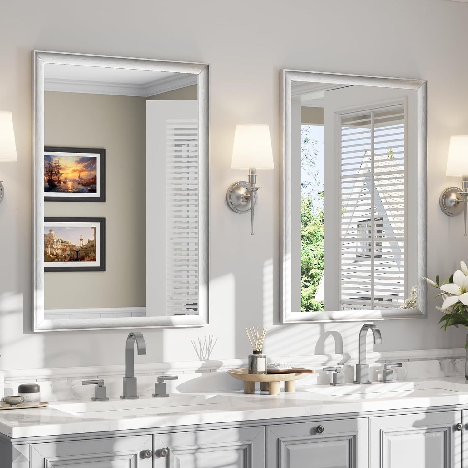 USHOWER 2 Pack Brushed Nickel Bathroom Mirrors for Over Sink 24x36 Inch, Metal Framed Rectangle Vanity Mirror for Wall, Bedroom, Living Room, Entryway, Anti-Rust, HD Tempered Glass,Horizontal/Vertical