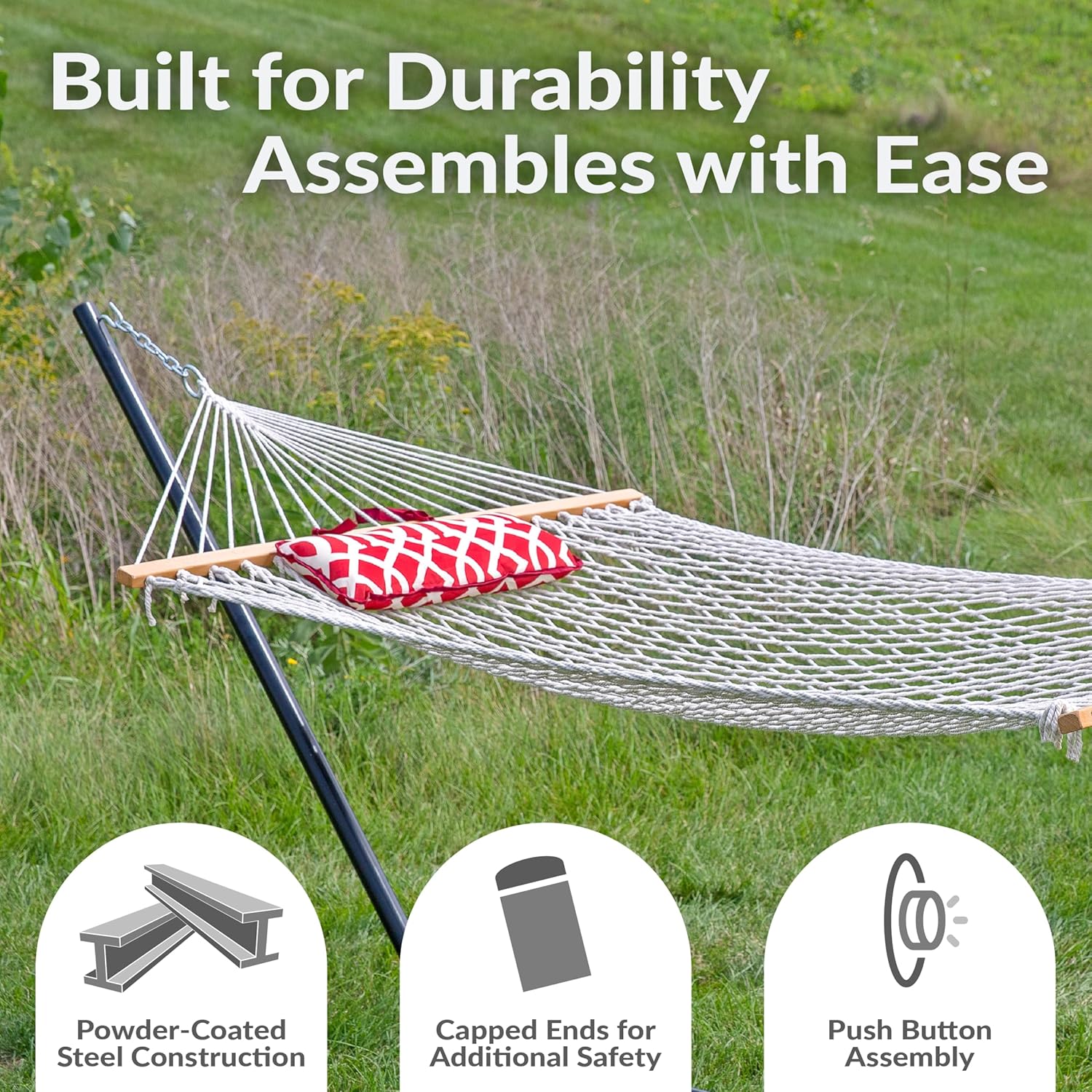 Sunnydaze Rope Hammock with Stand for Outside - Heavy Duty Freestanding Portable Outdoor Hammock Set with Quilted Pad, Pillow, and 12-Foot Steel Frame - 275 lb Capacity - Royal Red