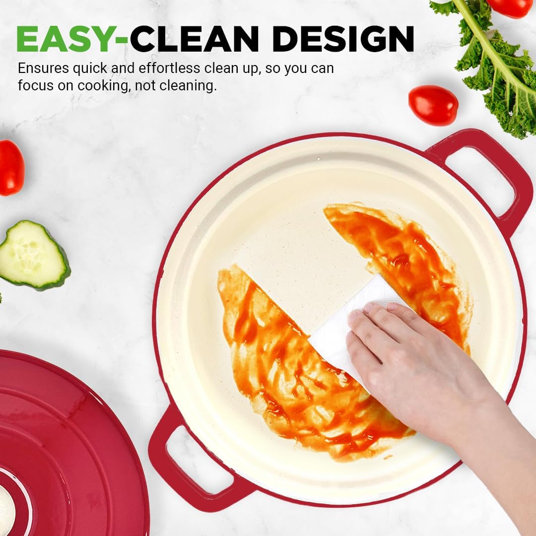 Nutrichef 6 Quart Electric Dutch Oven | 1500W 5-in-1 Enamel Coated Cast Iron Pot with Stainless Steel Lid | Precise Temperature Control | Includes 2 Silicone Pot Holders & Heat Resistant Pad | Red