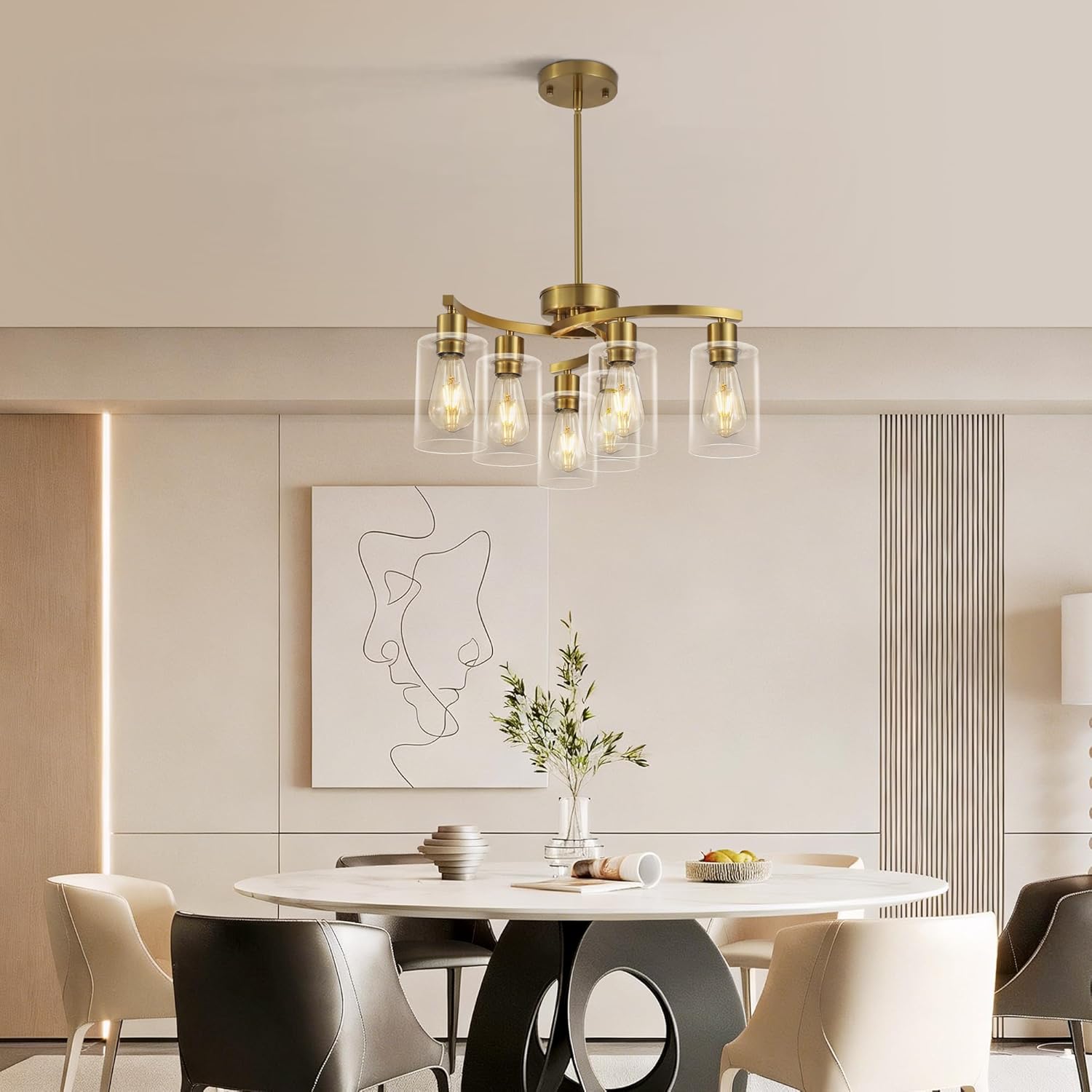 6 Light Gold Dining Room Light Fixture .Modern Farmhouse Kitchen Chandeliers Over Table .Adjustable Height Hanging Pendant Lighting for Kitchen Island  .with Glass Shade
