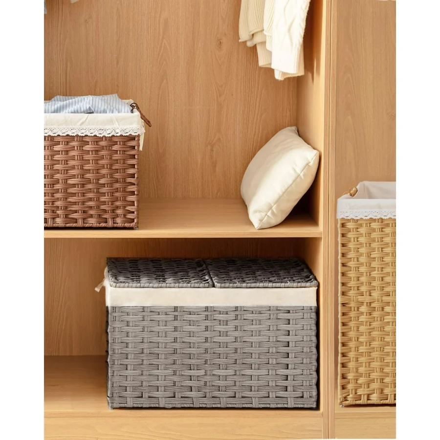 Storage Basket with Lid Rattan Storage Basket with 2 Separate Lid, 27.8 Gallon (105 L) 25.2 * 15.4 * 16.1 Inches Woven Wicker Baskets with 2 Liners and Handles for Bedroom Laundry-Gray