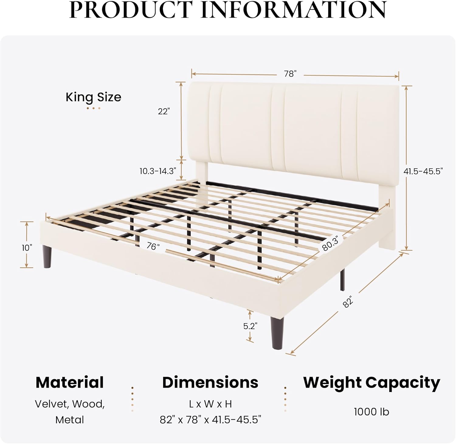 SHA CERLIN King Size Platform Bed Frame, Velvet Upholstered Bed with Adjustable Headboard, Vertical Channel Tufted Design, Sturdy Wood Slat Support, No Box Spring Needed, Easy Assembly, Cream White