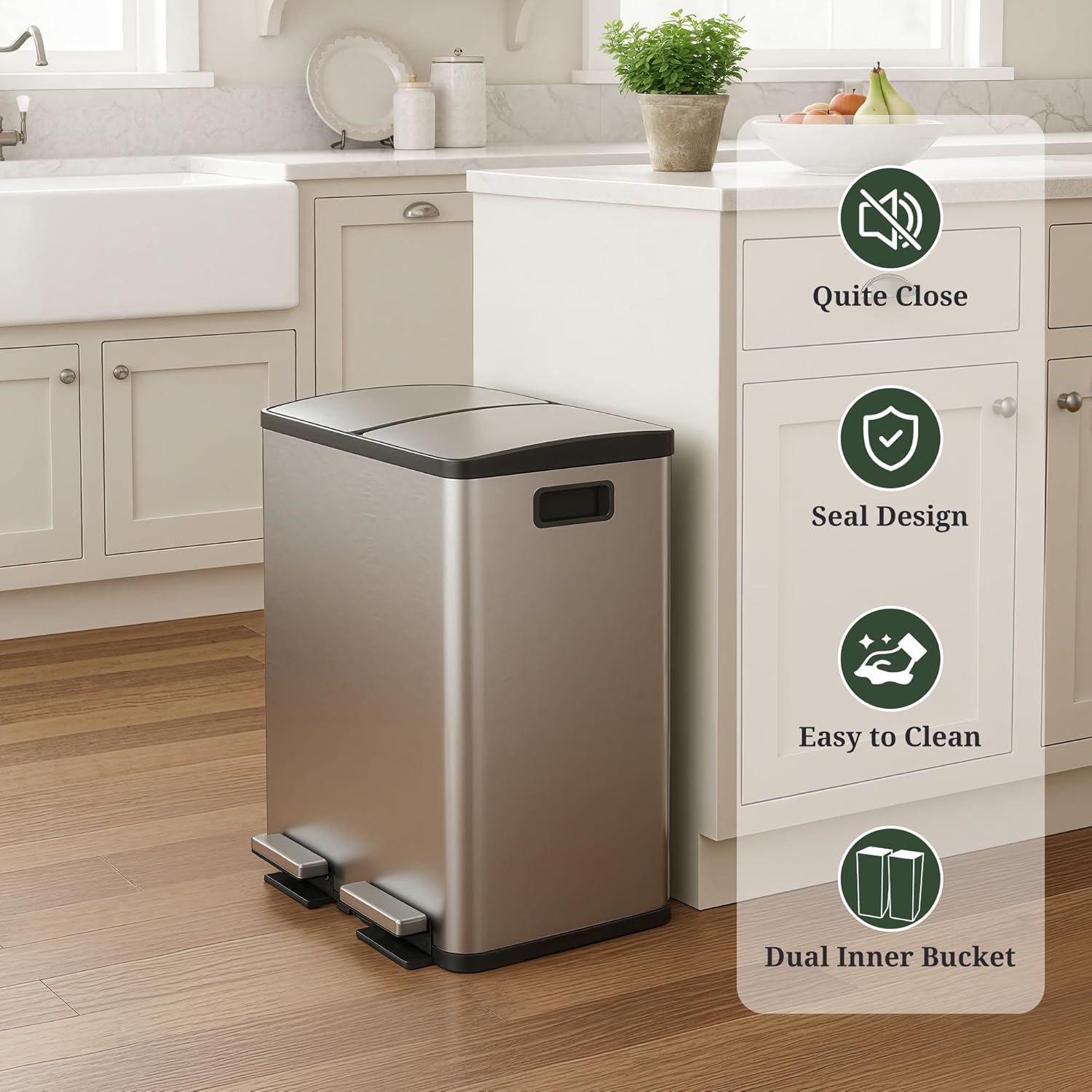 Kitchen Trash Can, 16 Gallon Dual Compartment Garbage Bin with Quiet Close Foot Pedal, Stainless Steel