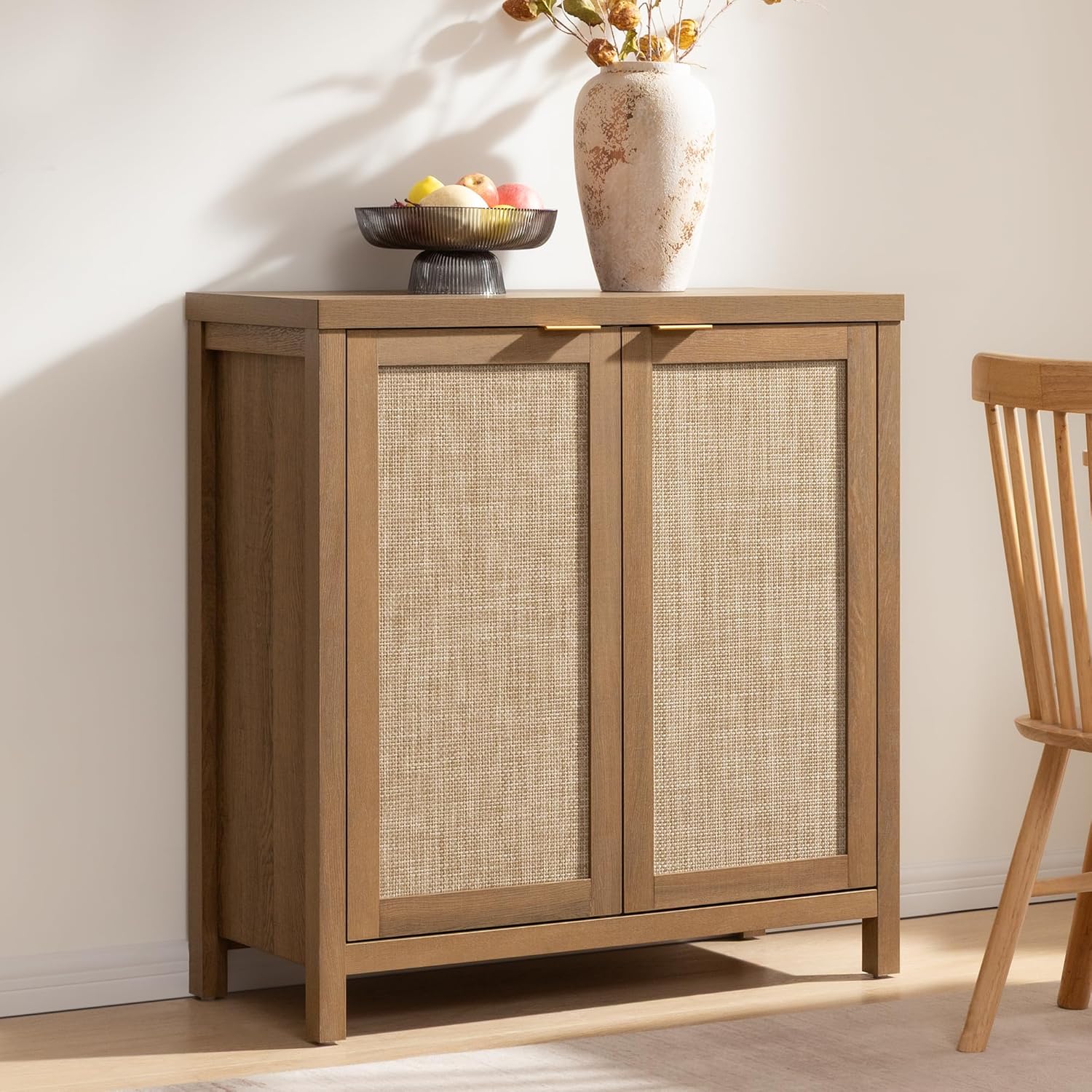 SICOTAS Sideboard Buffet Cabinet with Large Storage - Boho Rattan Credenza Coffee Bar Cabinets with Adjustable Shelves, Buffet Console Table for Kitchen Living Room Hallway - Oak