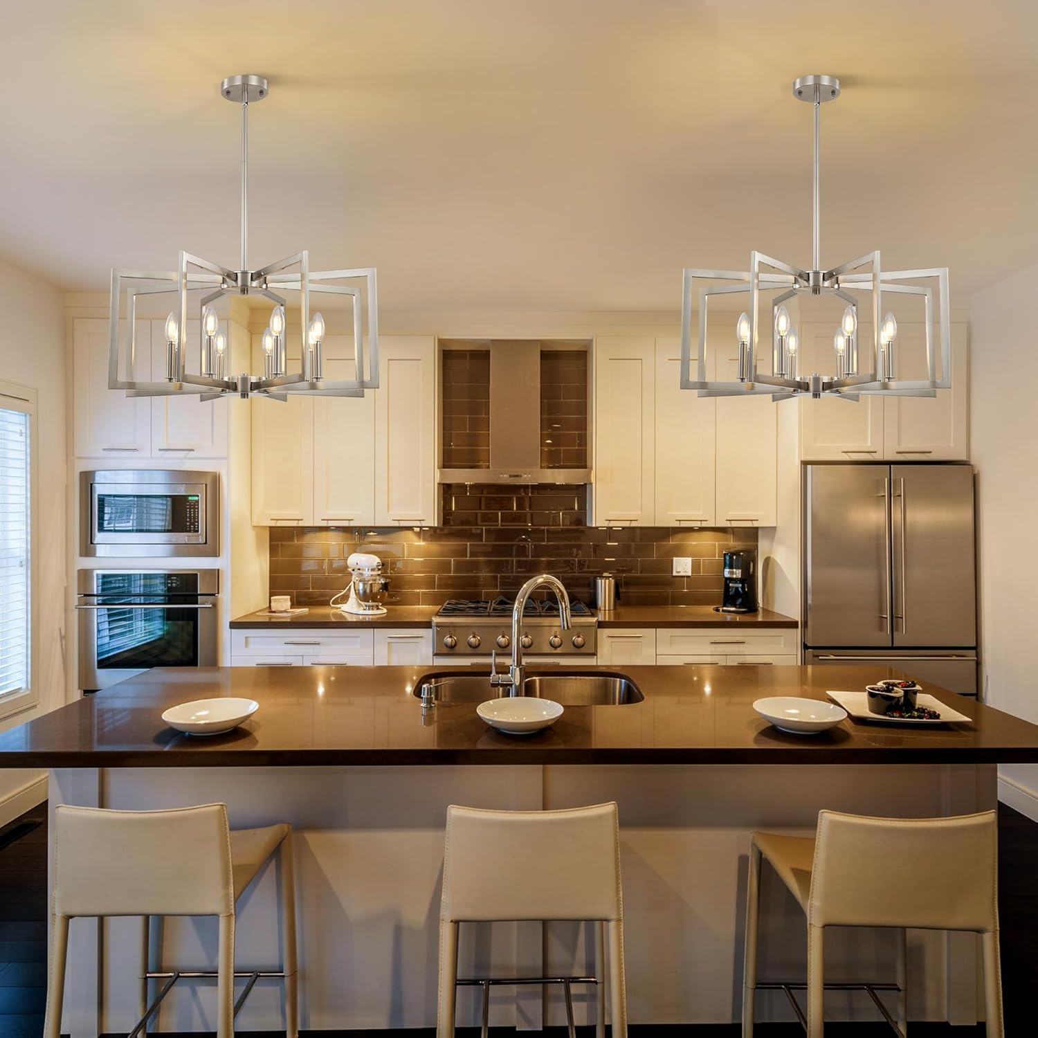 Sigaitwei 8-Light Large Brushed Nickel Chandeliers for Dining Room .Modern Industrial Pendant Lights Kitchen Island .Farmhouse Entryway Light Fixtures .Metal Geometric Chandelier for Living Room