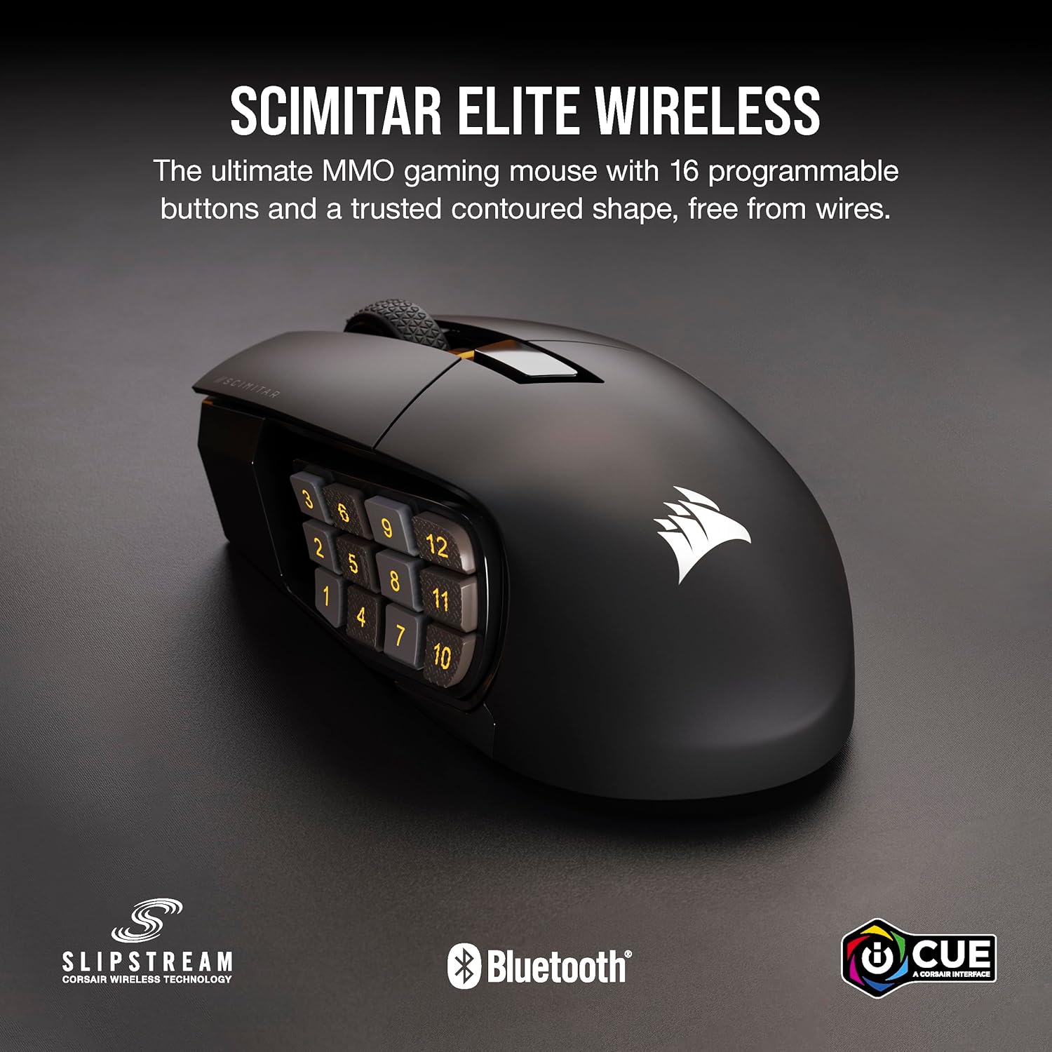 Corsair Scimitar Elite RGB Wireless MMO Gaming Mouse - 26,000 DPI - 16 Programmable Buttons - Up to 150hrs Battery - iCUE Compatible - Black