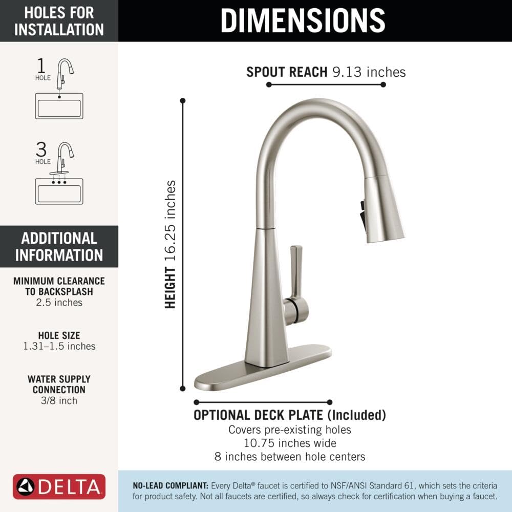 Delta Lenta Brushed Nickel Kitchen Faucet with Pull Down Sprayer, Modern Single Hole Kitchen Sink Faucet, Single Handle, SpotShield Stainless 19802Z-SP-DST