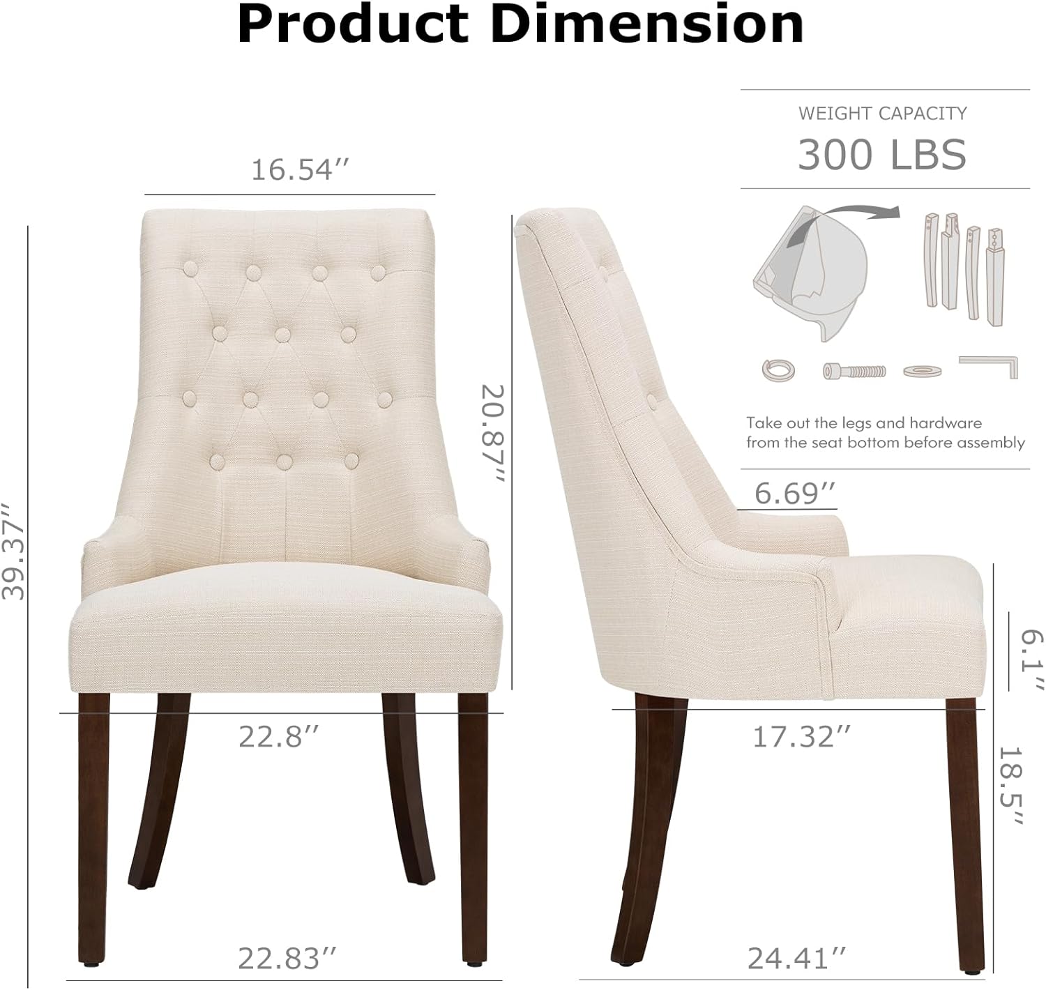 COLAMY Wingback Upholstered Dining Chairs Set of 2, Fabric Side Dining Room Chairs with Tufted Button, Living Room Chairs for Home Kitchen Resturant- Beige