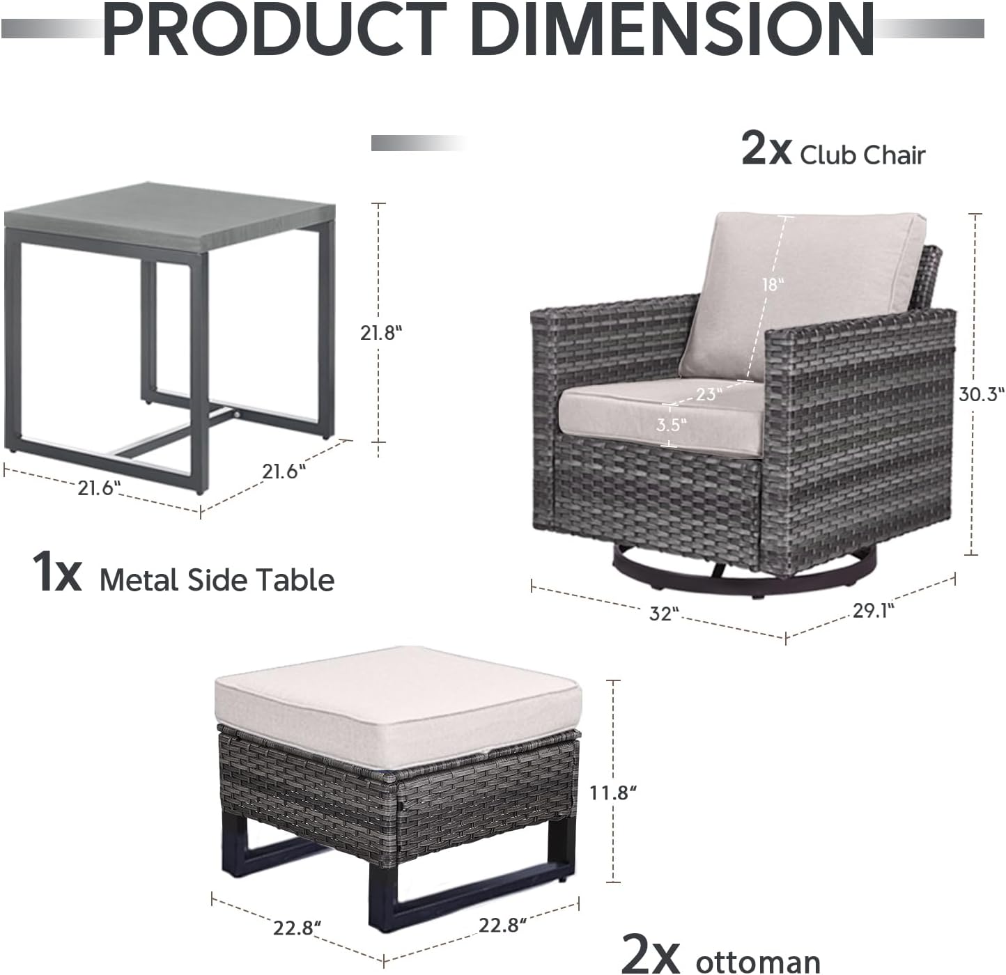 Outdoor Swivel Rocker Chairs - 5 Piece Patio Bistro Set Wicker Patio Rocking Chairs Set with Side Table and Ottomans, 360° Swivel Glider Proch Furniture for Balcony Deck - Grey/Beige