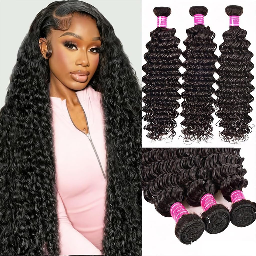 Human Hair Bundles 20 20 20Inch Deep Wave Bundles Human Hair 100% Unprocessed Brazilian Virgin Deep Curly Weave 3 Bundles 16a Wet and Wavy Hair Extensions Real Human Hair for Women Natural Black