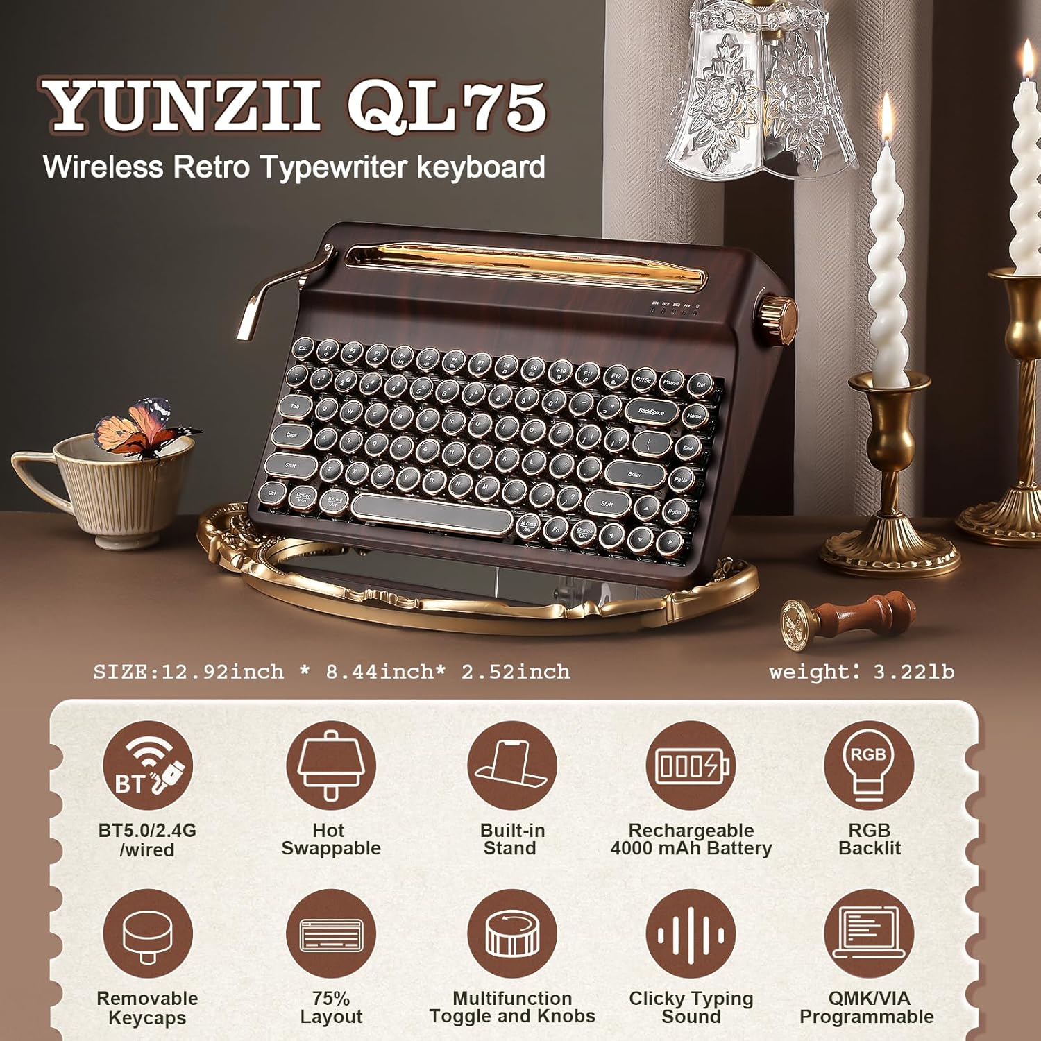 YUNZII QL75 Wireless Typewriter Hot Swap Retro Mechanical Keyboard,Punk Round Keycaps,RGB Backlit QMK/VIA Programmable, Multi-Device Keyboard with 2.4GHz/Type-C/BT5.0 (Wood, Cocoa Cream V2 Switch)
