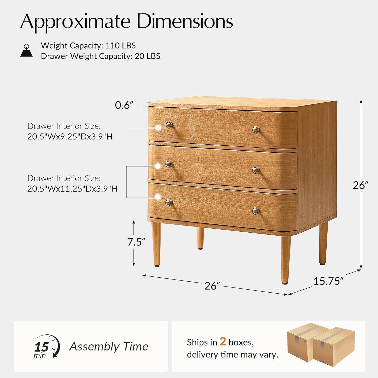 HULALA HOME Modern End Table Set of 2 with Charge Station, 3 Drawer Wood Side Table with Solid Wood Legs & Adjustable Feet, Curved Design End Table, Oak
