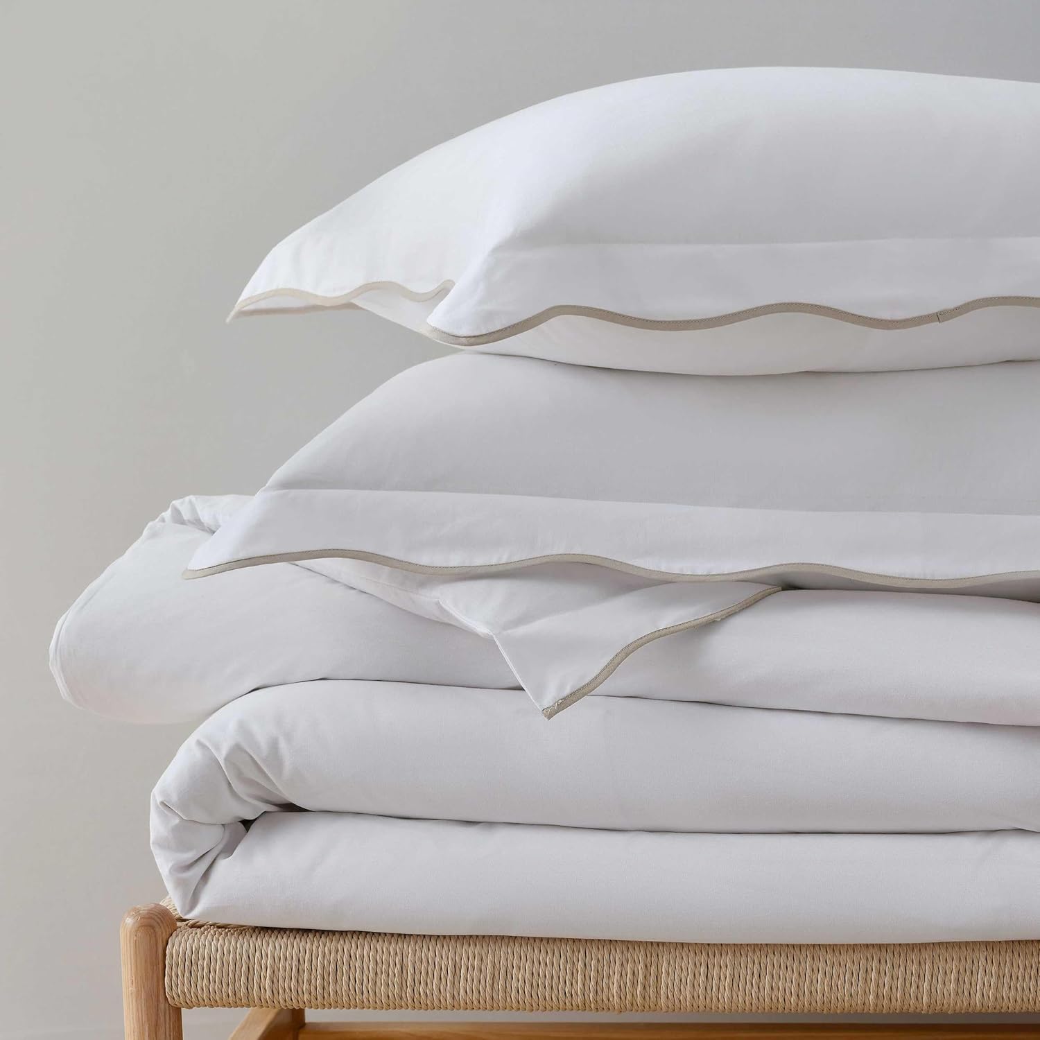 Martha Stewart - King Duvet Cover Set, 100% Soft Cotton Bed Set with a Smooth Cotton Percale Reverse, 3 Piece Bedding with Matching Pillowcases (Simple Scallop Beige)