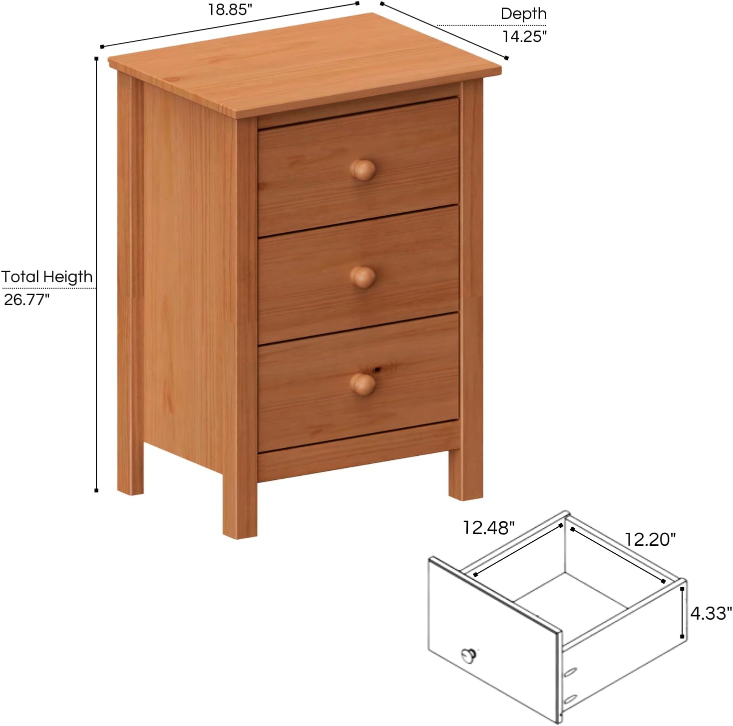 From the Tree Furniture Tall Nightstand with 3 Drawers - Solid Pine Wood Bedside Table with Spacious Storage & Sustainable Design - Honey Side Table for Bedroom Organization & Style